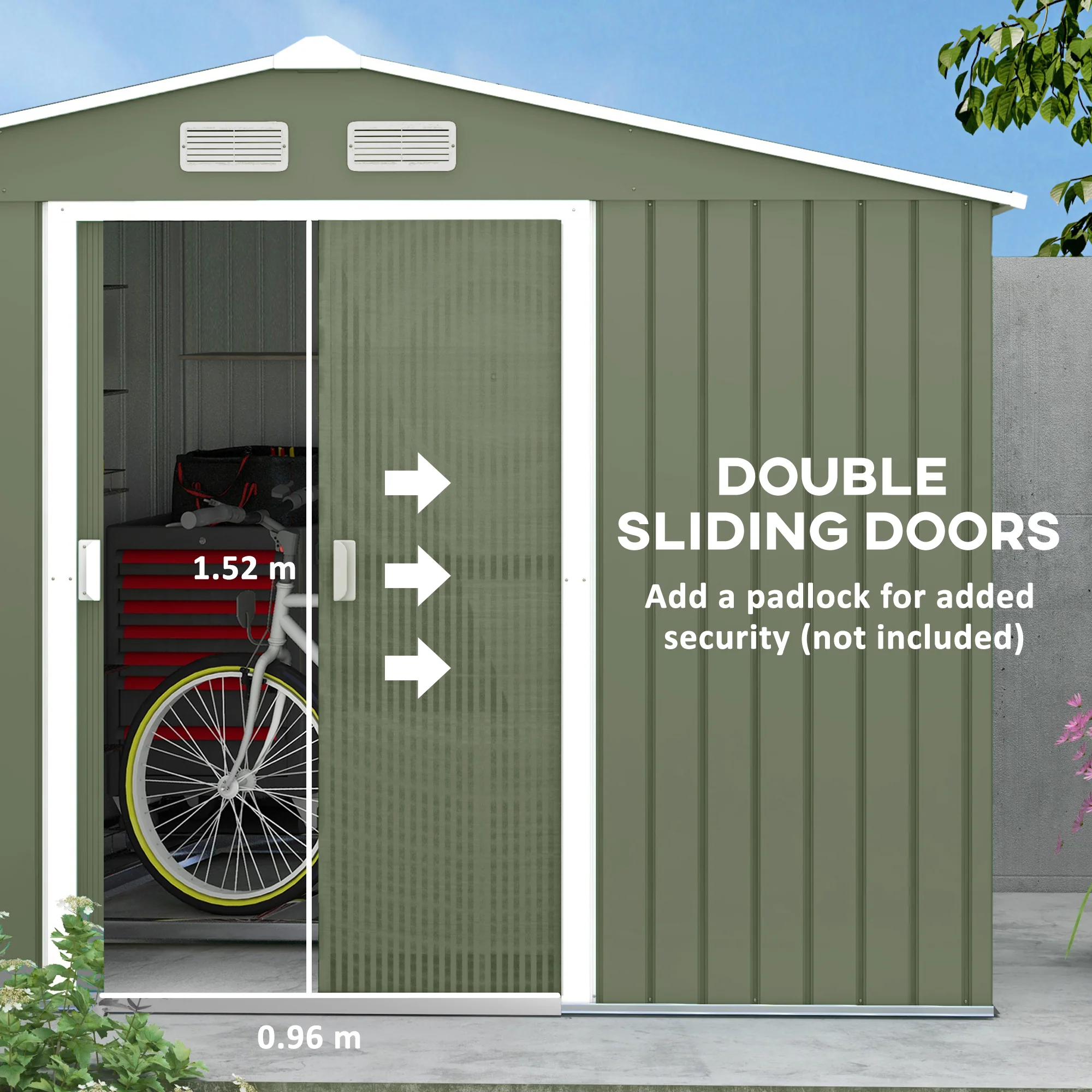 EverBase 9' x 6' Outdoor Storage Shed with Foundation Kit, Double Lockable Door & Air Vents, Green - Image 7