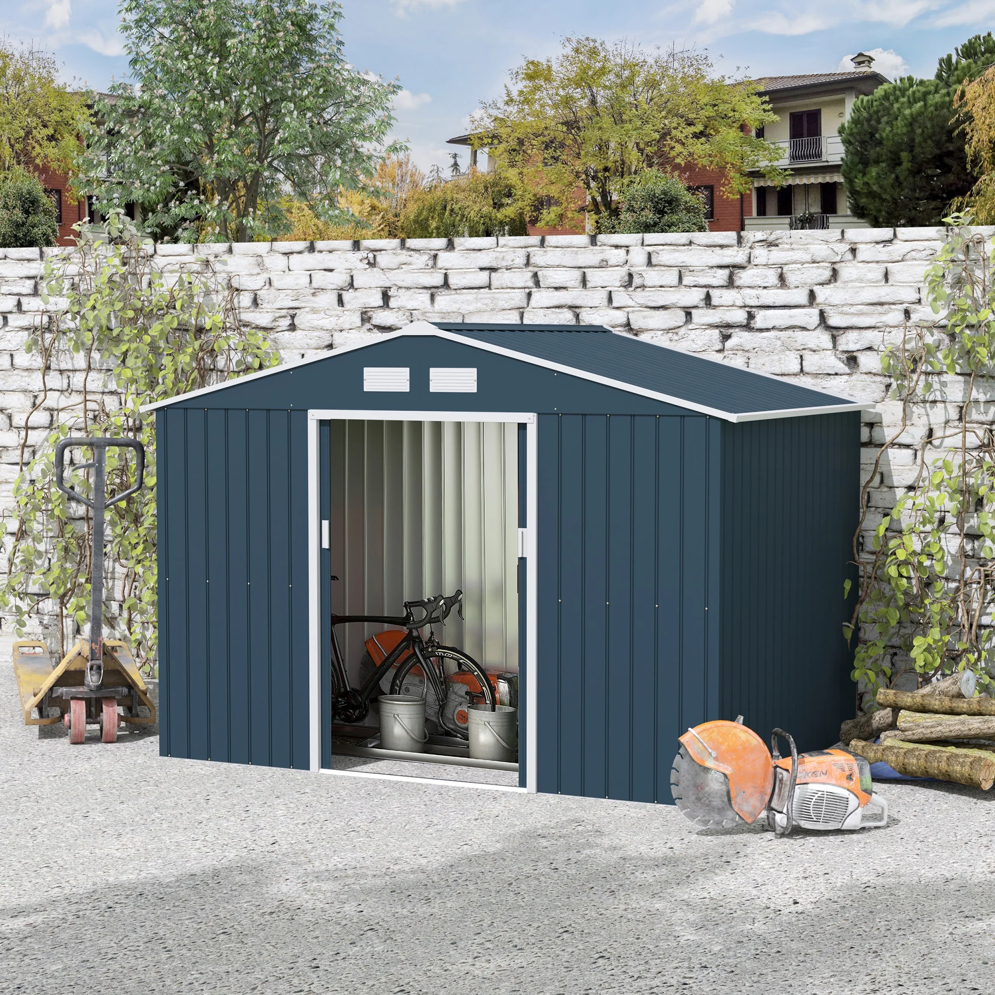 EverBase 9' x 6' Outdoor Storage Shed with Foundation Kit, Double Lockable Door & Air Vents, Dark Gray - Image 4