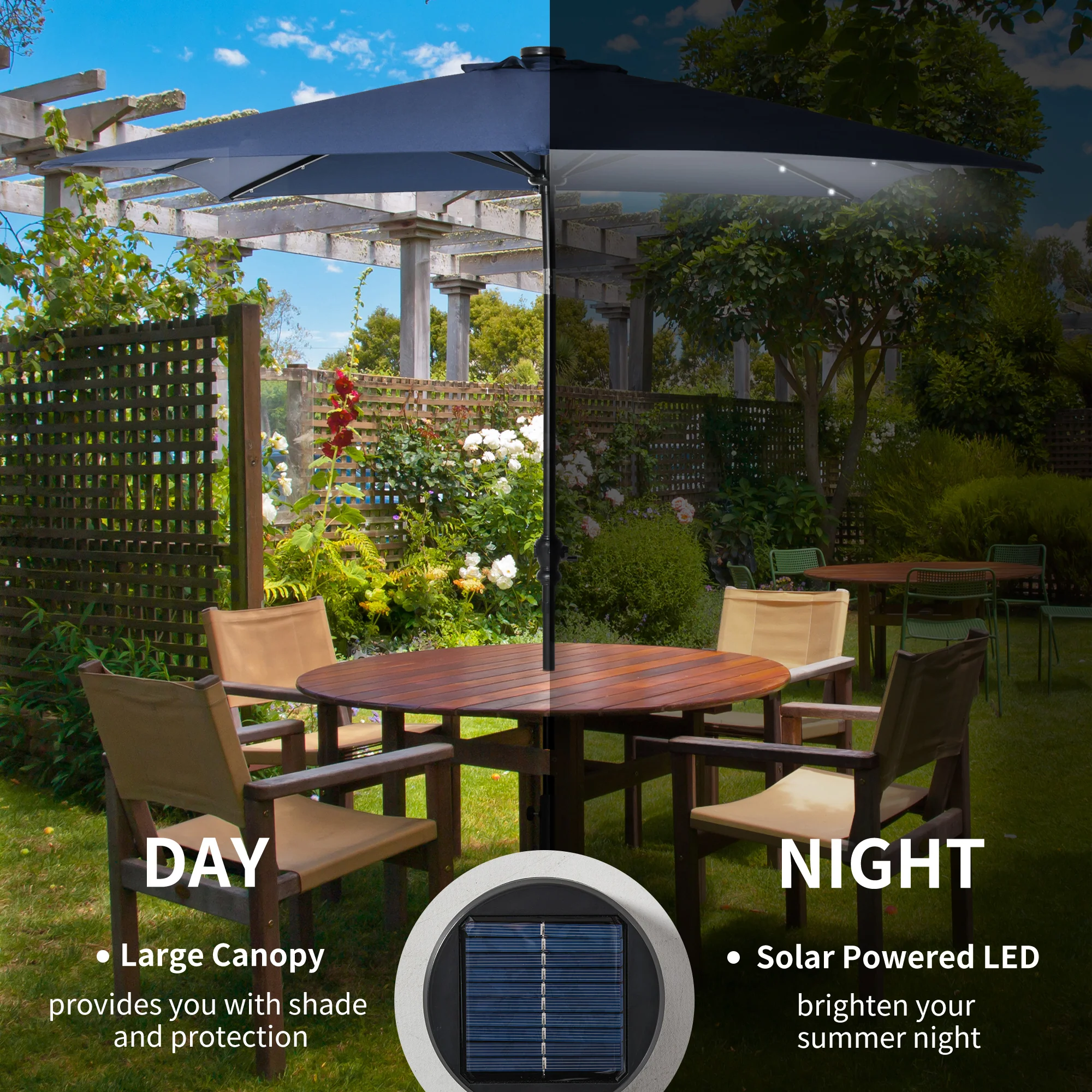 9' x 7' Solar Umbrella with LED Lighted, Tilt & Crank, for Garden, Deck, Pool, Blue - Image 6
