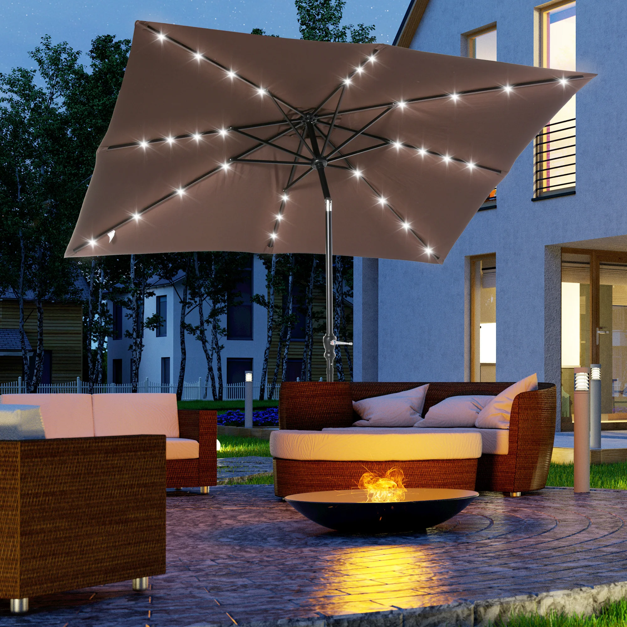 9' x 7' Solar Umbrella, LED Lighted, Tilt & Crank, for Outdoor, Garden, Deck, Brown - Image 3