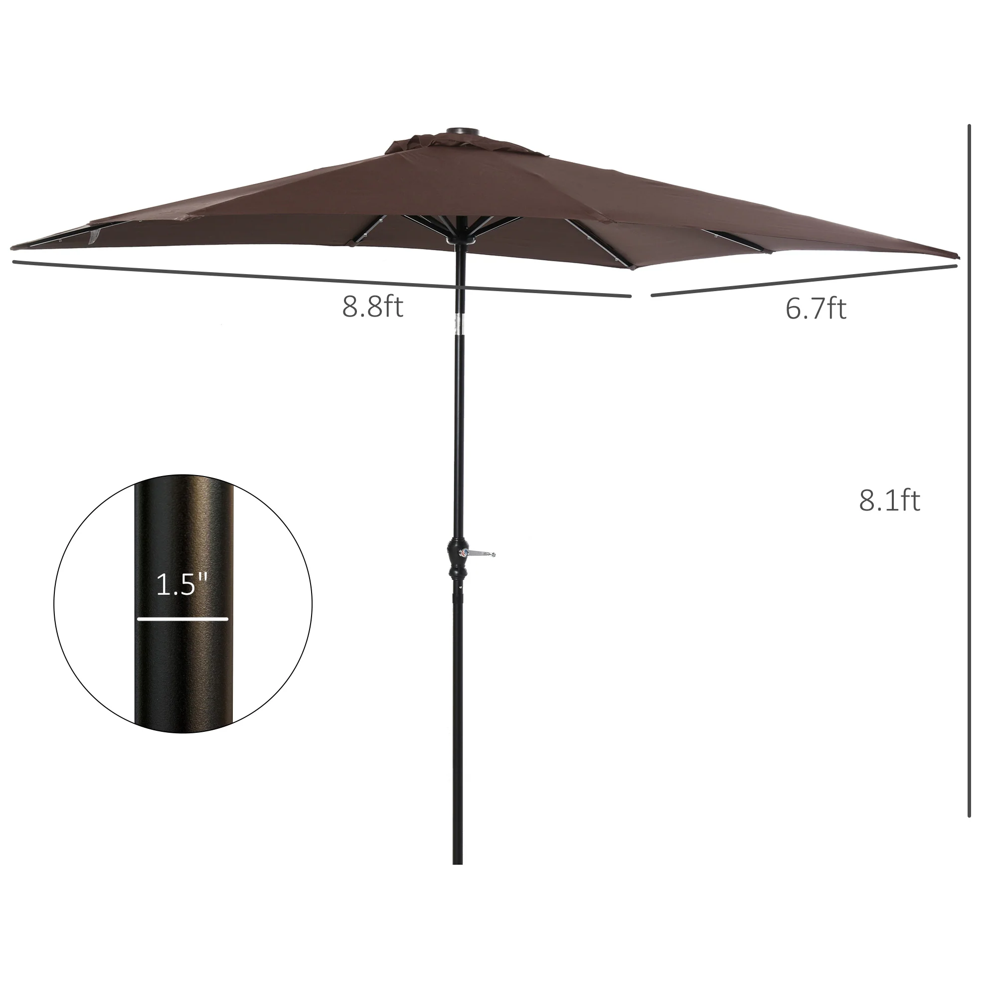 9' x 7' Solar Umbrella, LED Lighted, Tilt & Crank, for Outdoor, Garden, Deck, Brown - Image 5