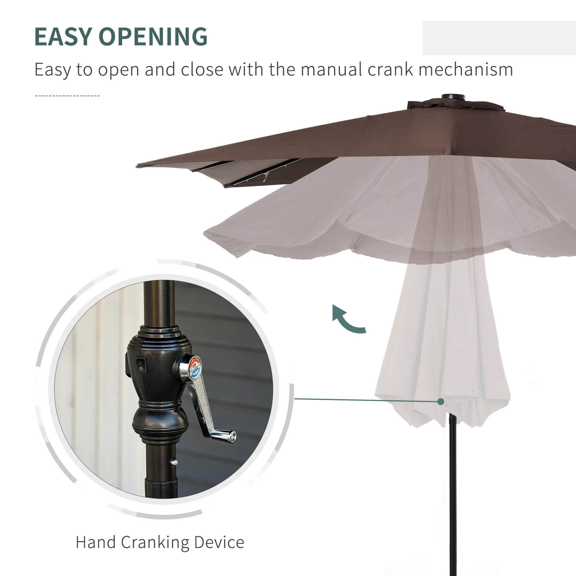 9' x 7' Solar Umbrella, LED Lighted, Tilt & Crank, for Outdoor, Garden, Deck, Brown - Image 7