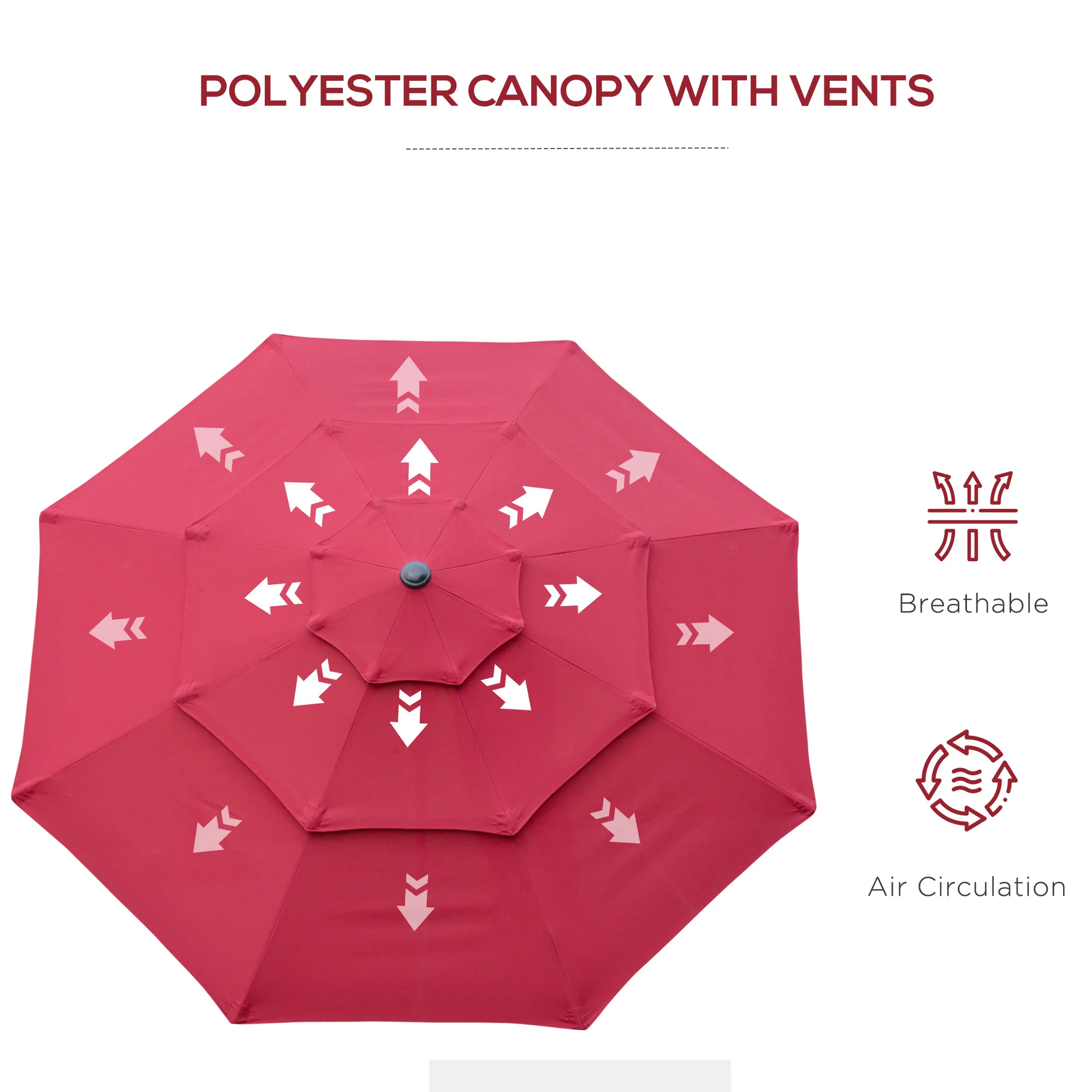 9FT 3 Tiers Patio Umbrella, Crank, Push Button Tilt, Deck, Backyard, Lawn, Wine Red - Image 10