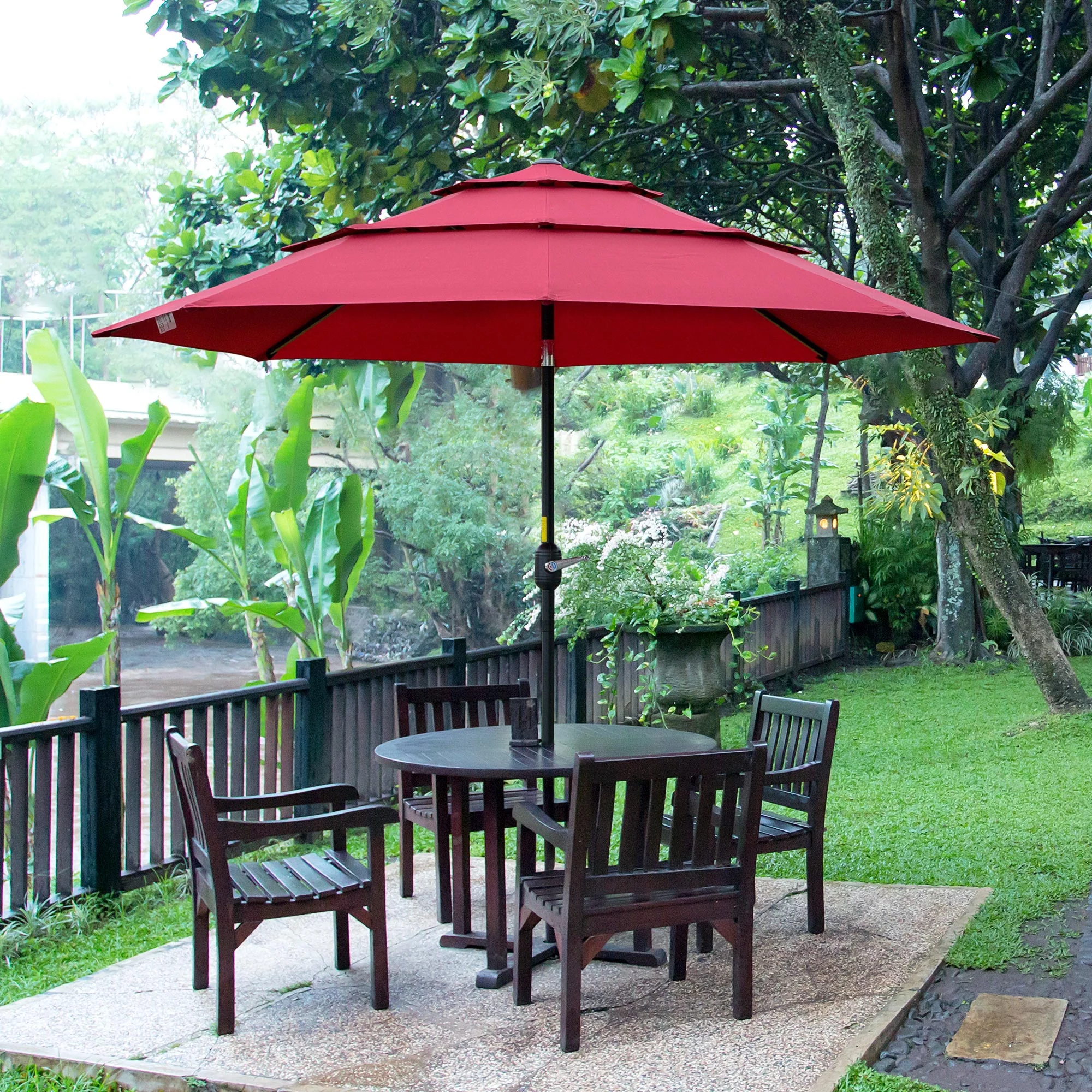 9FT 3 Tiers Patio Umbrella, Crank, Push Button Tilt, Deck, Backyard, Lawn, Wine Red - Image 4