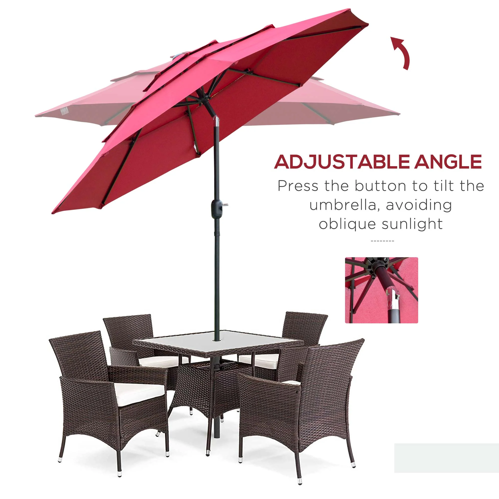9FT 3 Tiers Patio Umbrella, Crank, Push Button Tilt, Deck, Backyard, Lawn, Wine Red - Image 6