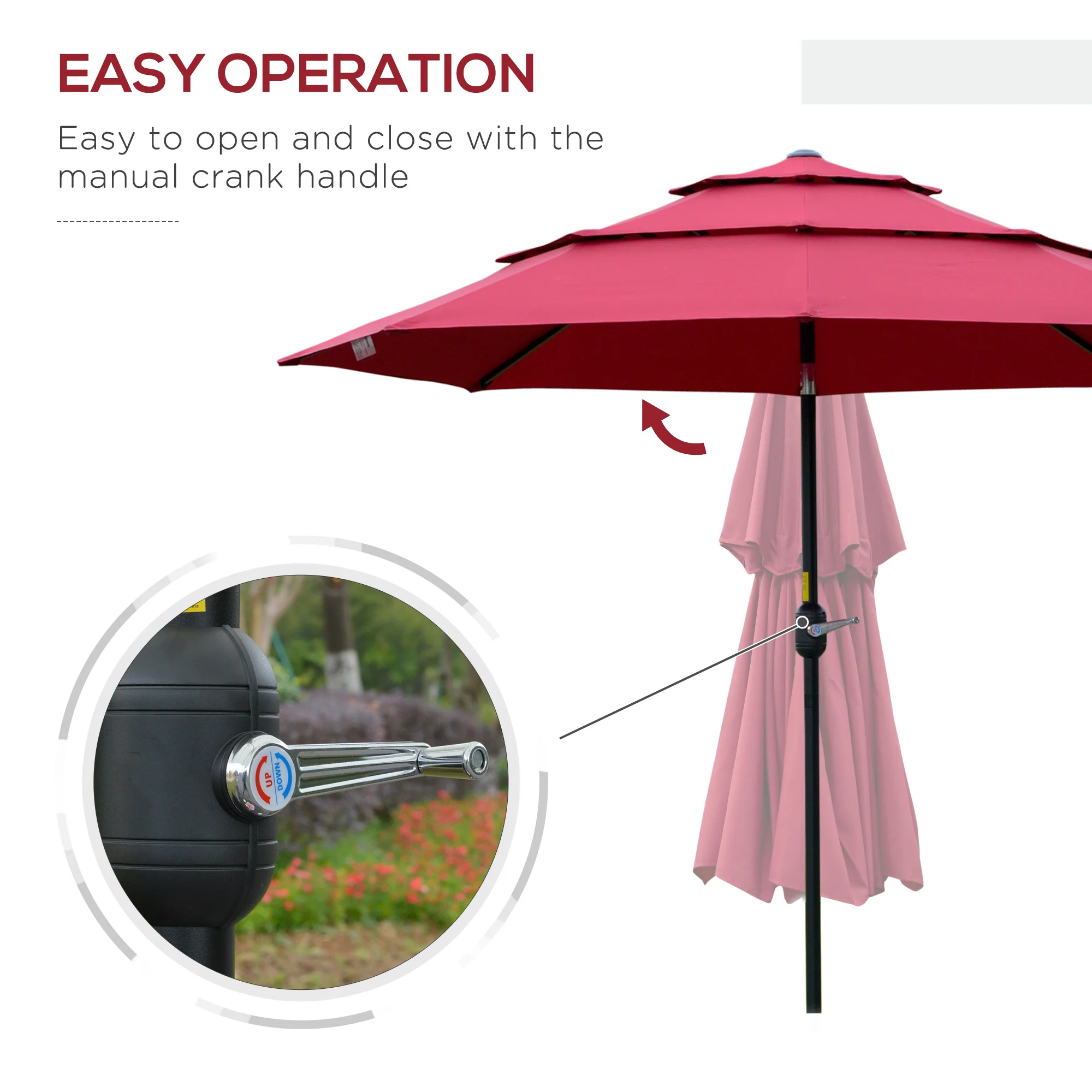 9FT 3 Tiers Patio Umbrella, Crank, Push Button Tilt, Deck, Backyard, Lawn, Wine Red - Image 7