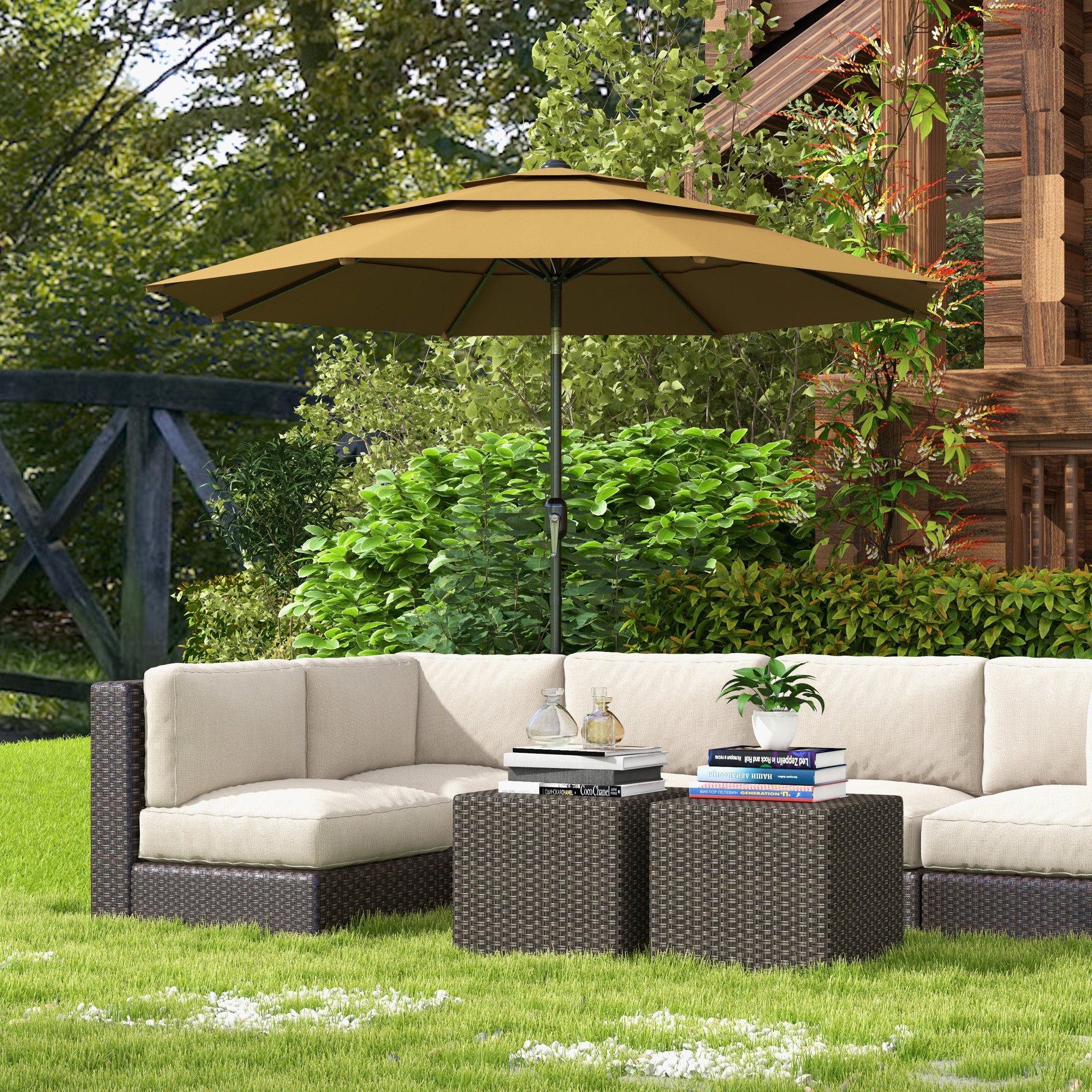9FT 3-Tier Patio Umbrella with Crank & Push-Button Tilt, Tan - Image 3