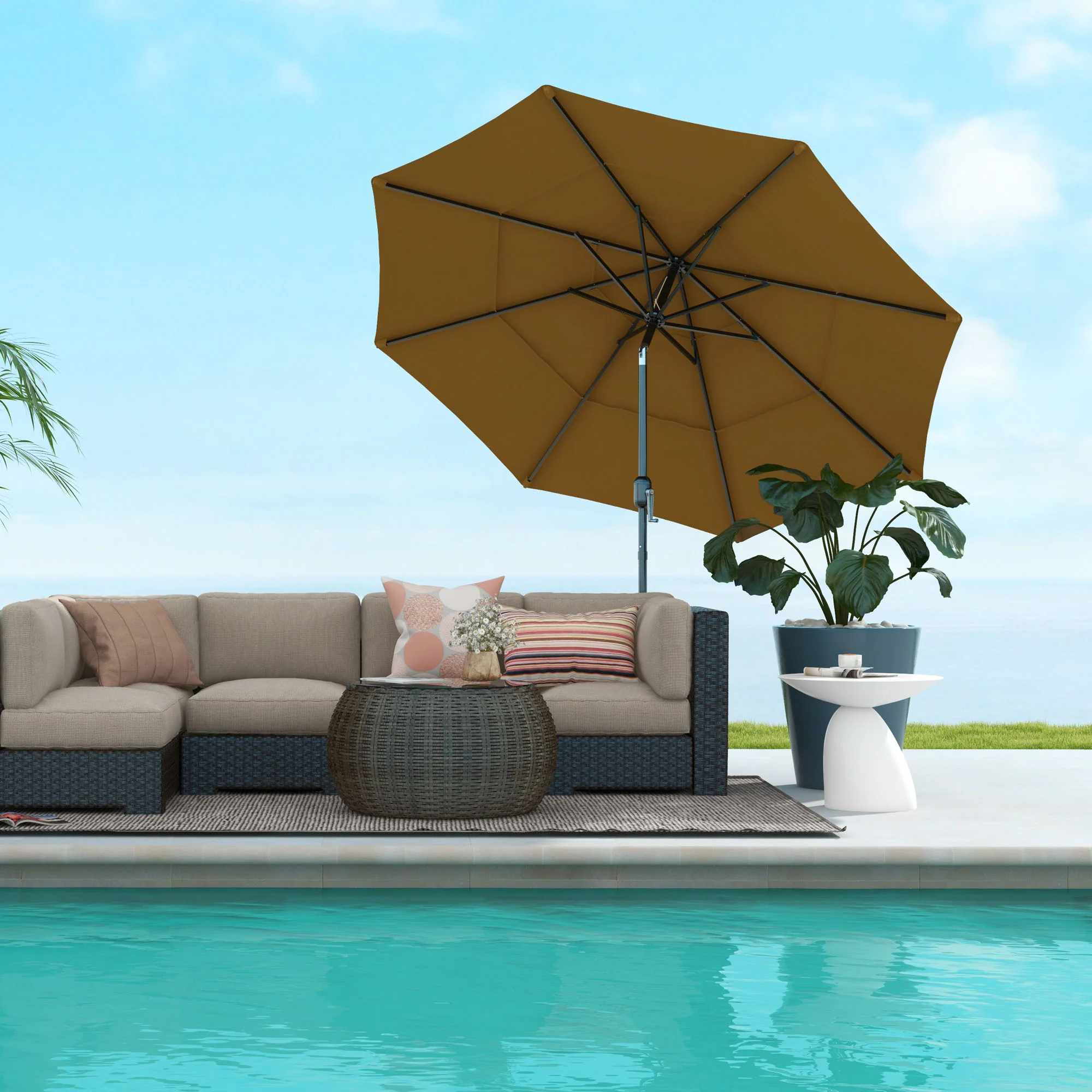 9FT 3-Tier Patio Umbrella with Crank & Push-Button Tilt, Tan - Image 4