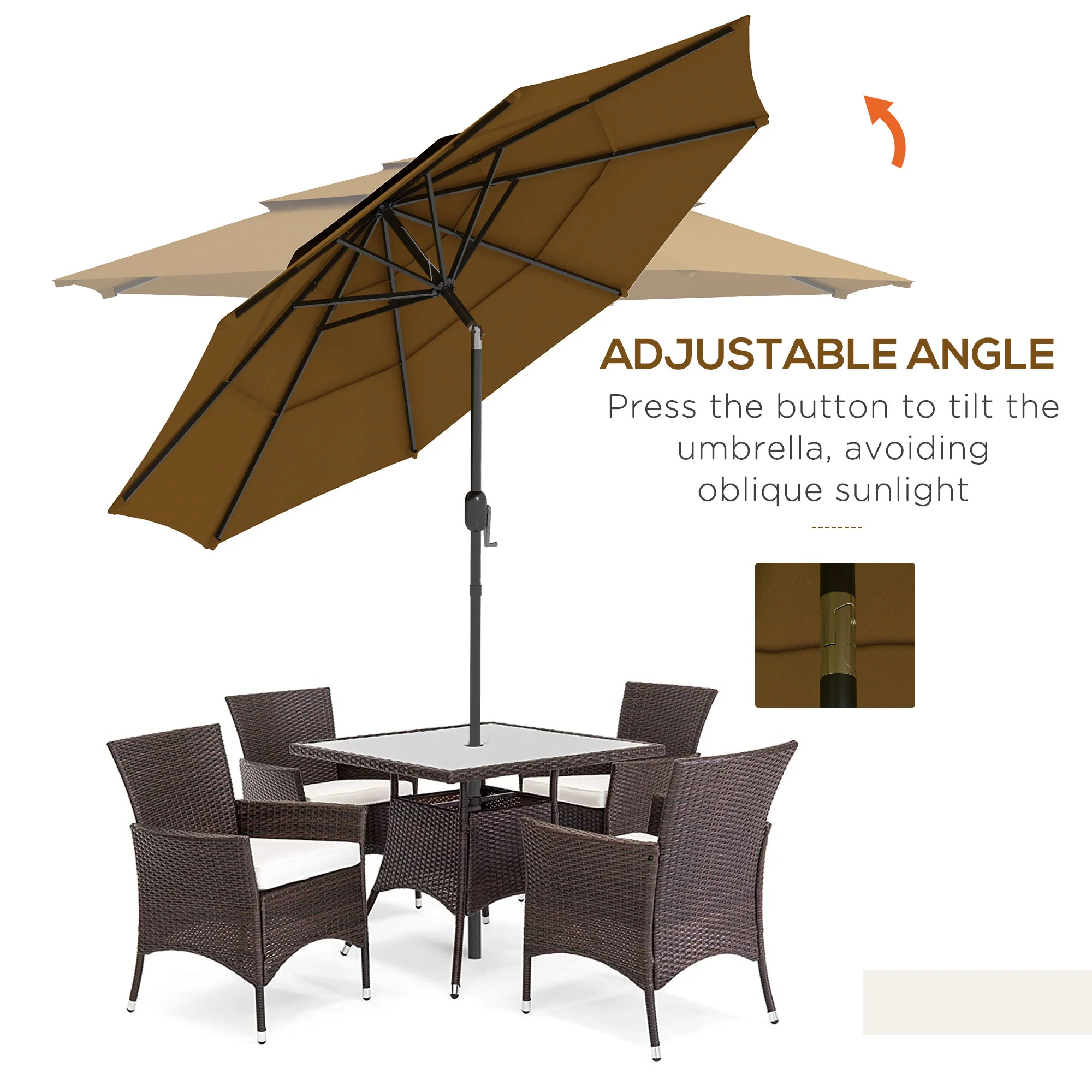 9FT 3-Tier Patio Umbrella with Crank & Push-Button Tilt, Tan - Image 6