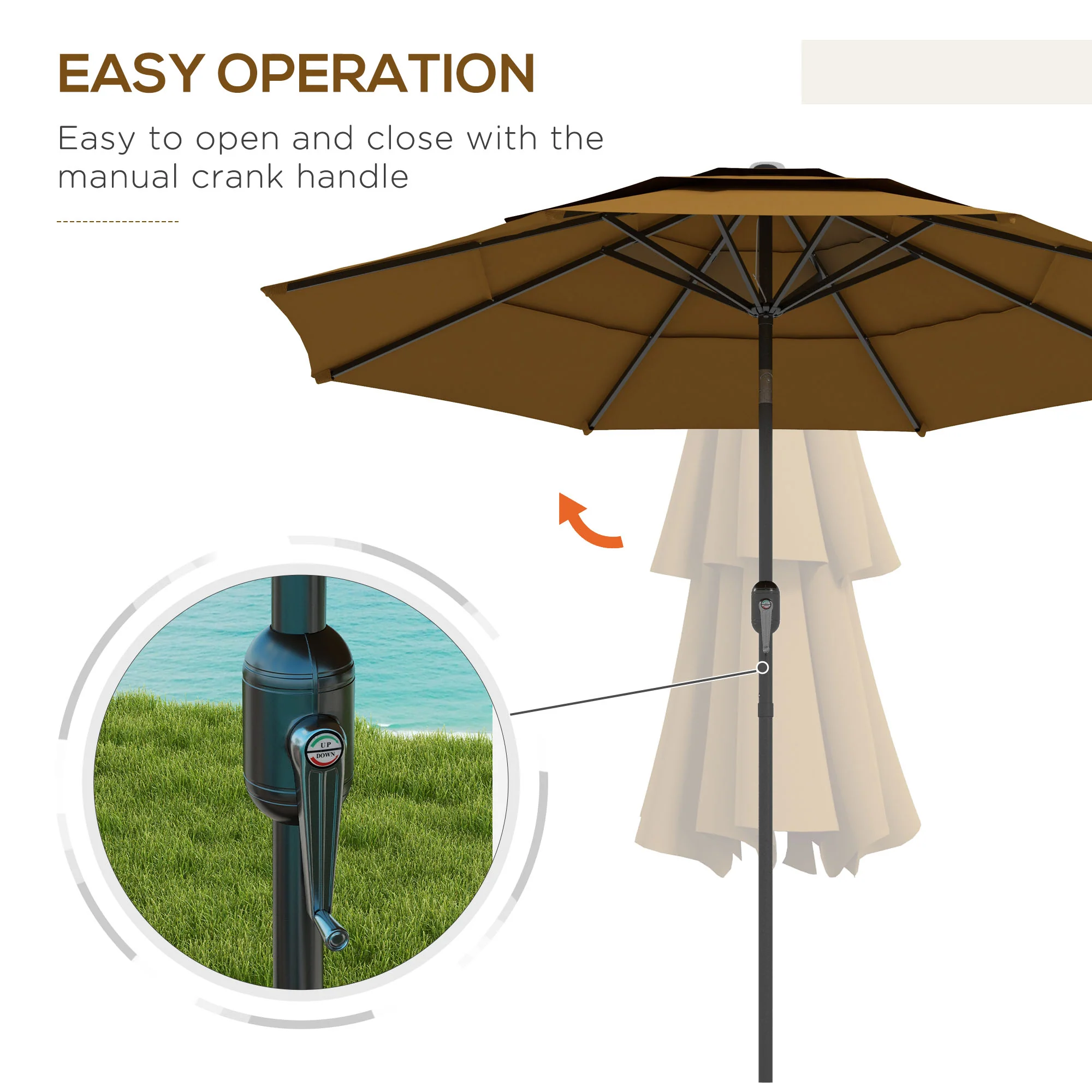 9FT 3-Tier Patio Umbrella with Crank & Push-Button Tilt, Tan - Image 7