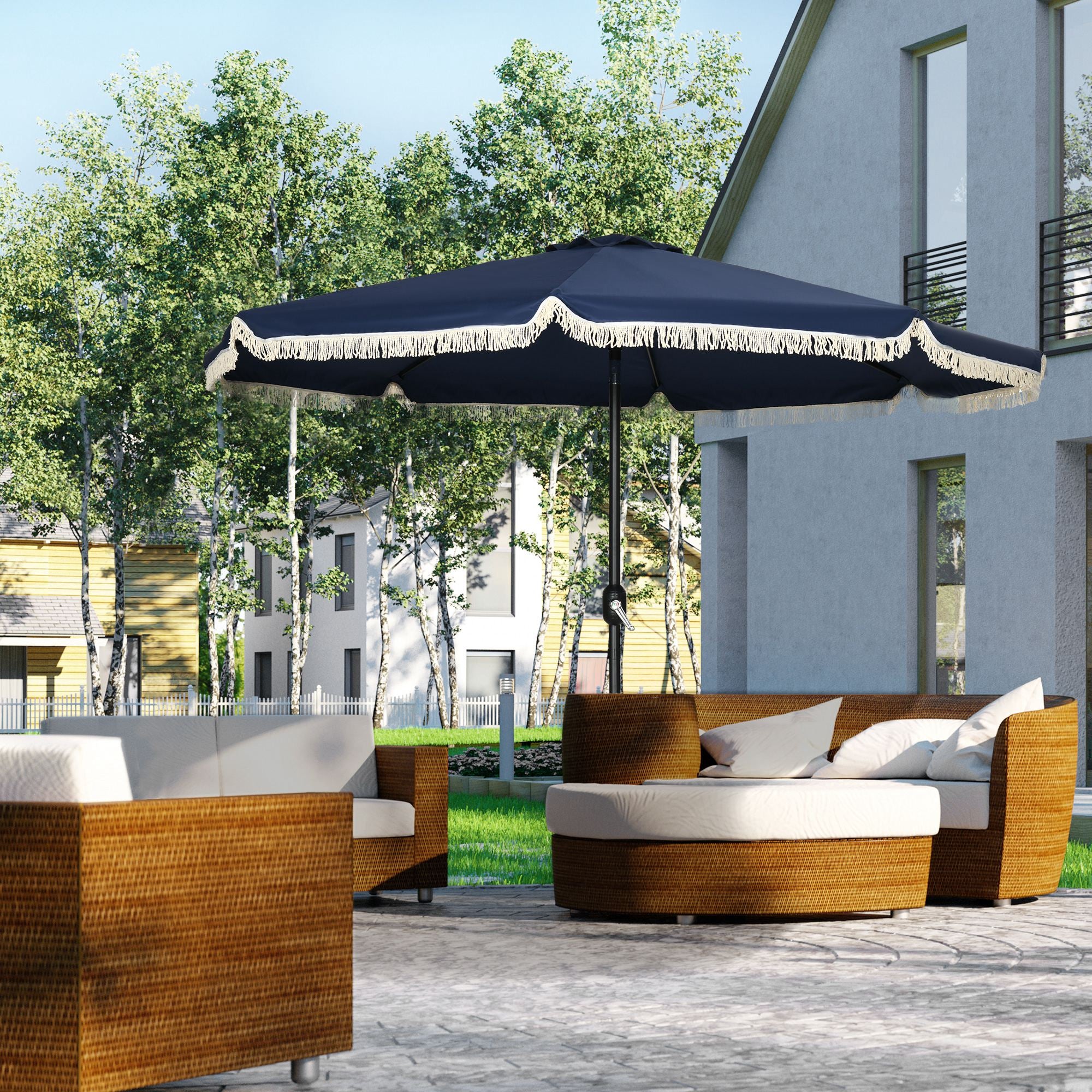 9' Patio Umbrella Outdoor Table Umbrella w/ Tilt, Crank, Ruffled, 8 Ribs, Dark Blue - Image 3
