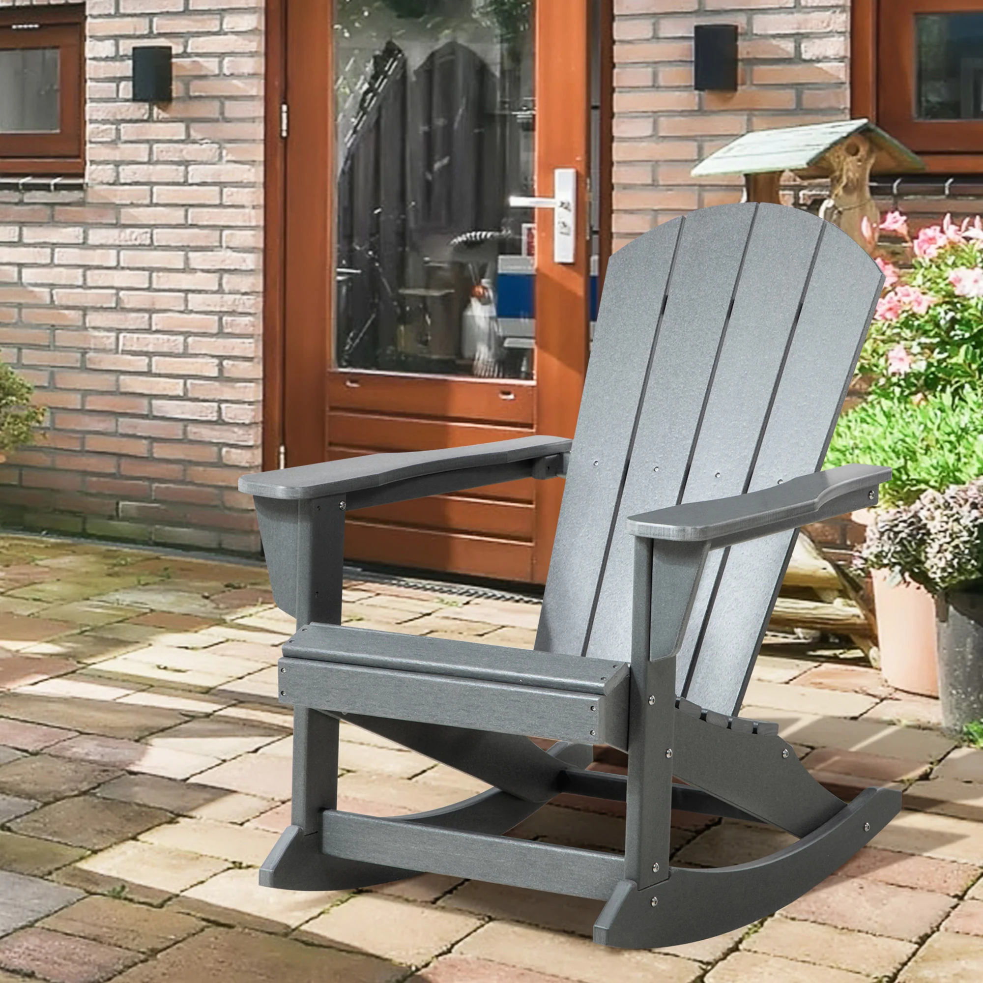 HDPE Adirondack Rocking Chair for Porch & Garden, Light Gray - Image 4