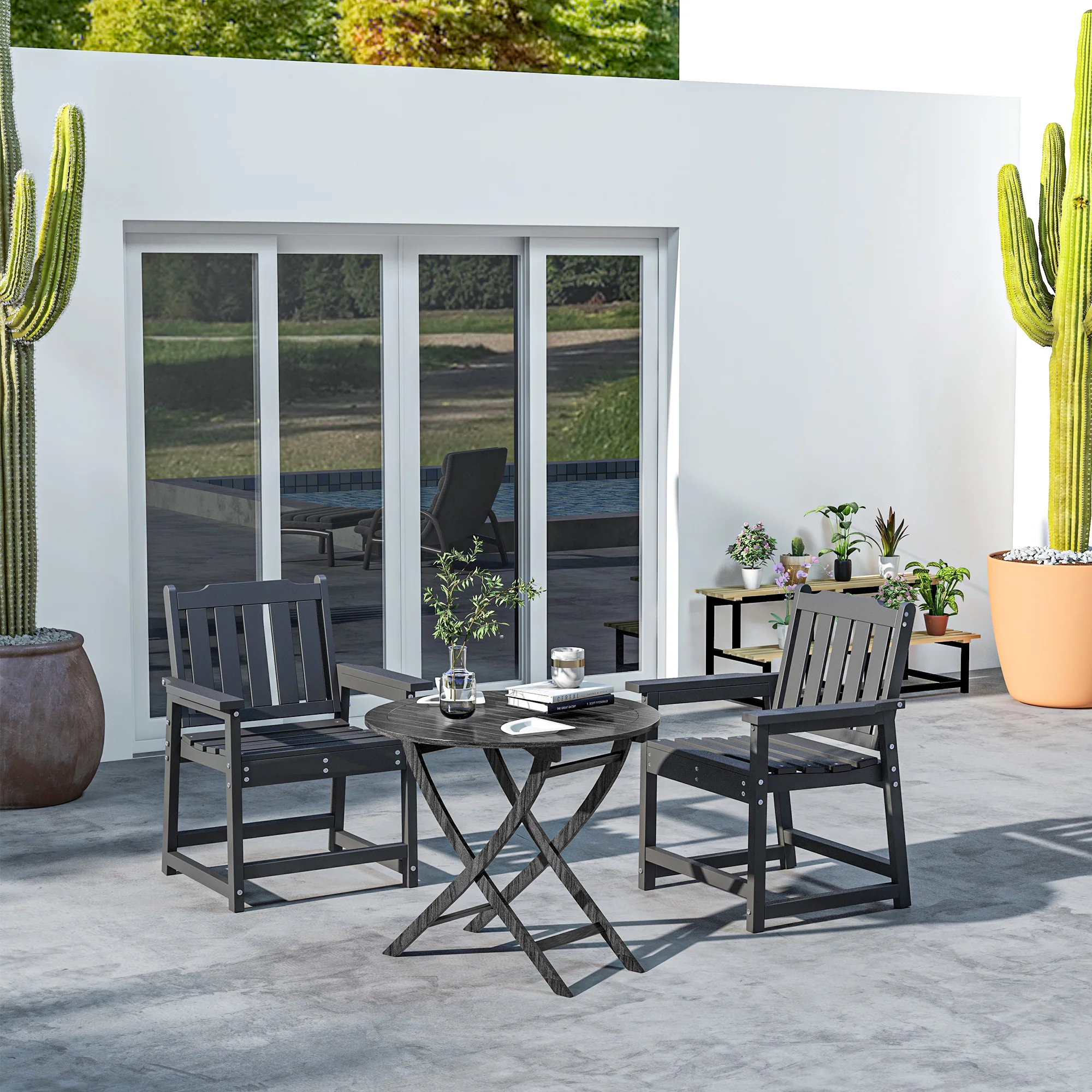 2-Piece HDPE Patio Dining Chairs, Heavy Duty Wood-Like Outdoor Set, Black - Image 3