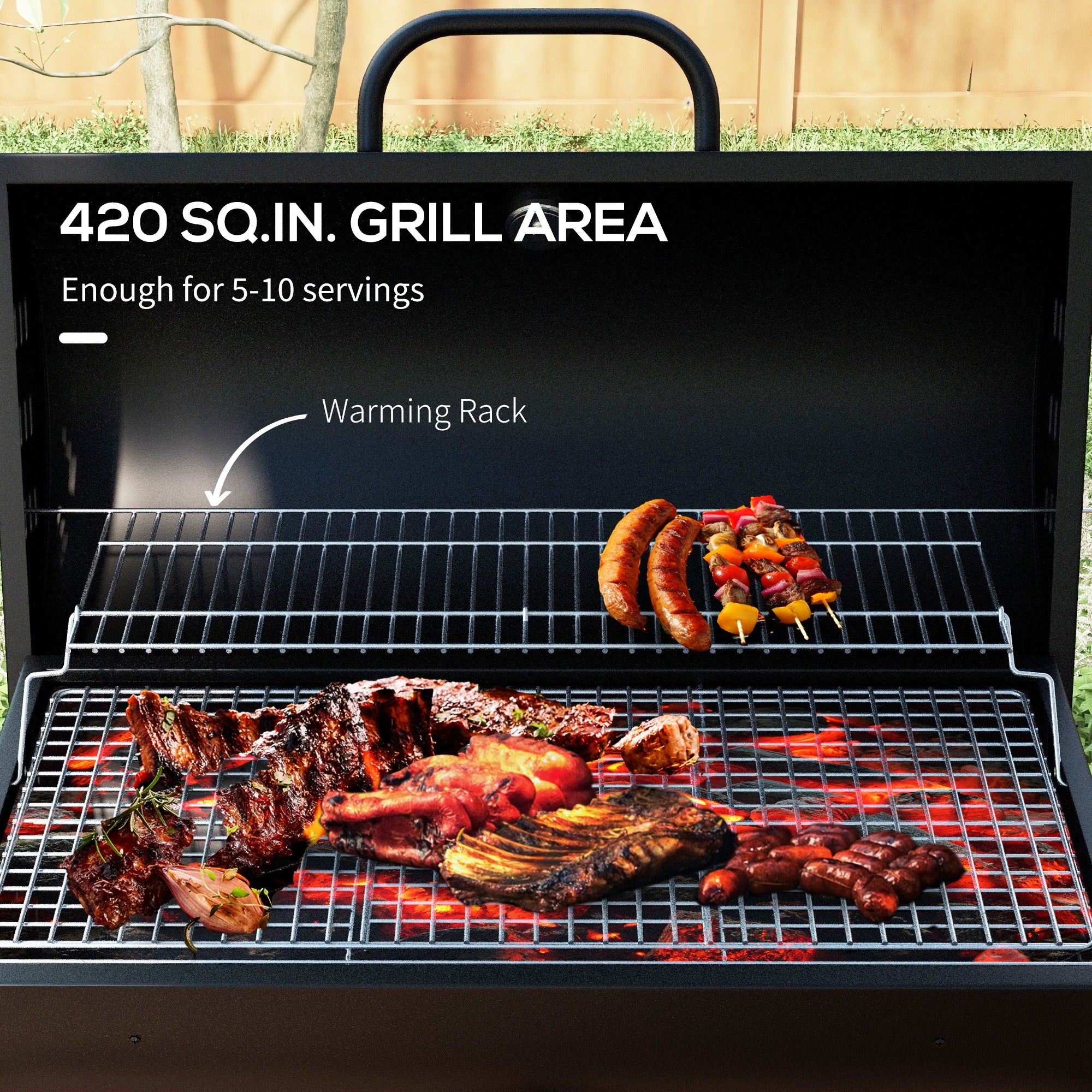 420 sq.in Charcoal BBQ Grill with Wheels, Ash Catcher, Black - Image 6