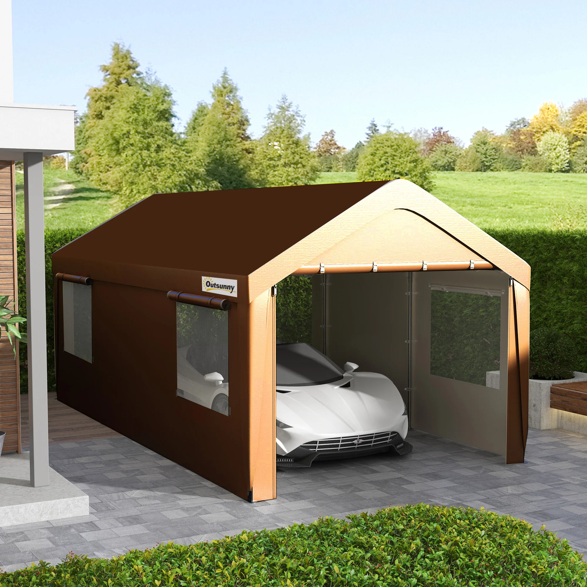 10' x 20' Heavy Duty Portable Garage with 4 Mesh Windows & 2 Doors, Tan - Image 4