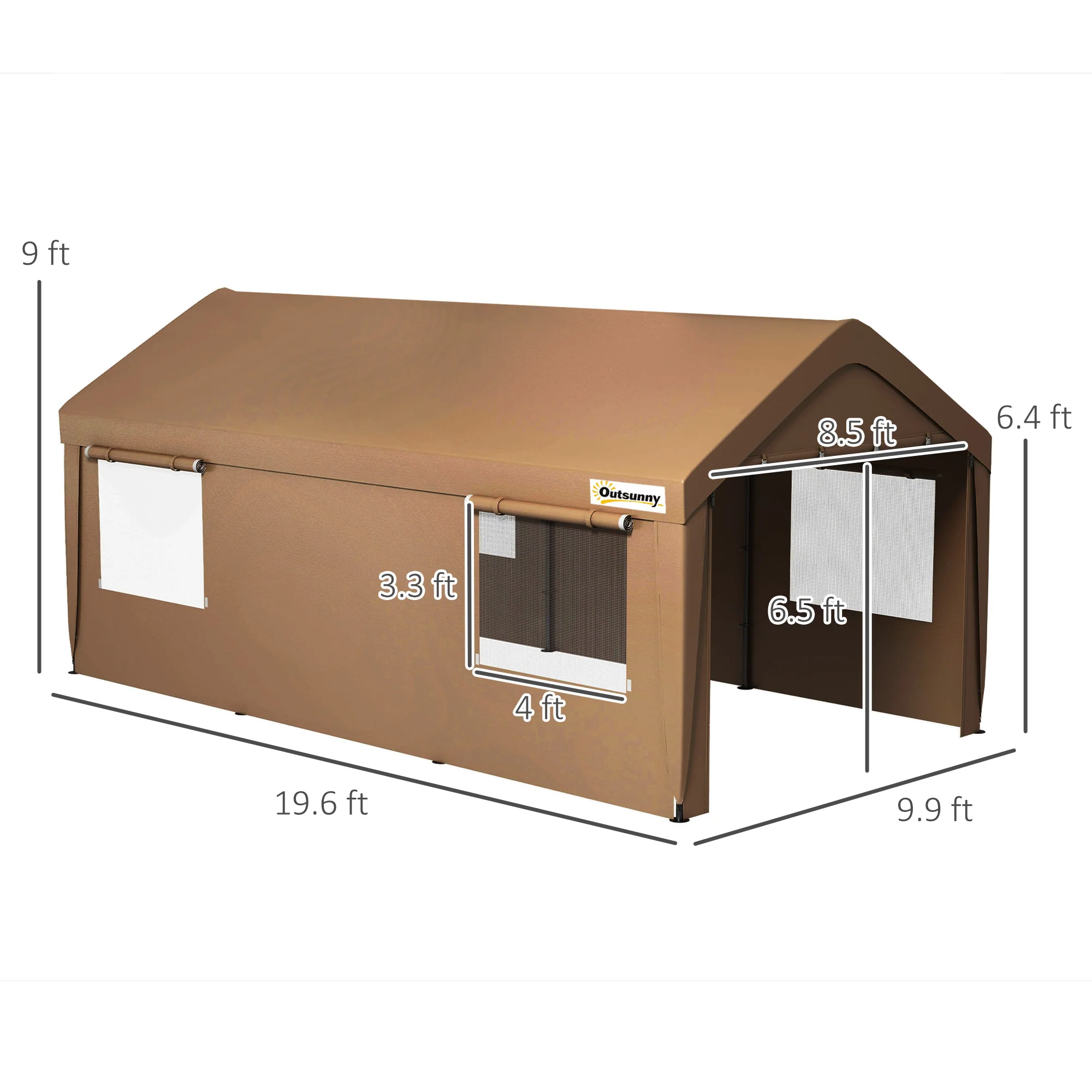 10' x 20' Heavy Duty Portable Garage with 4 Mesh Windows & 2 Doors, Tan - Image 5