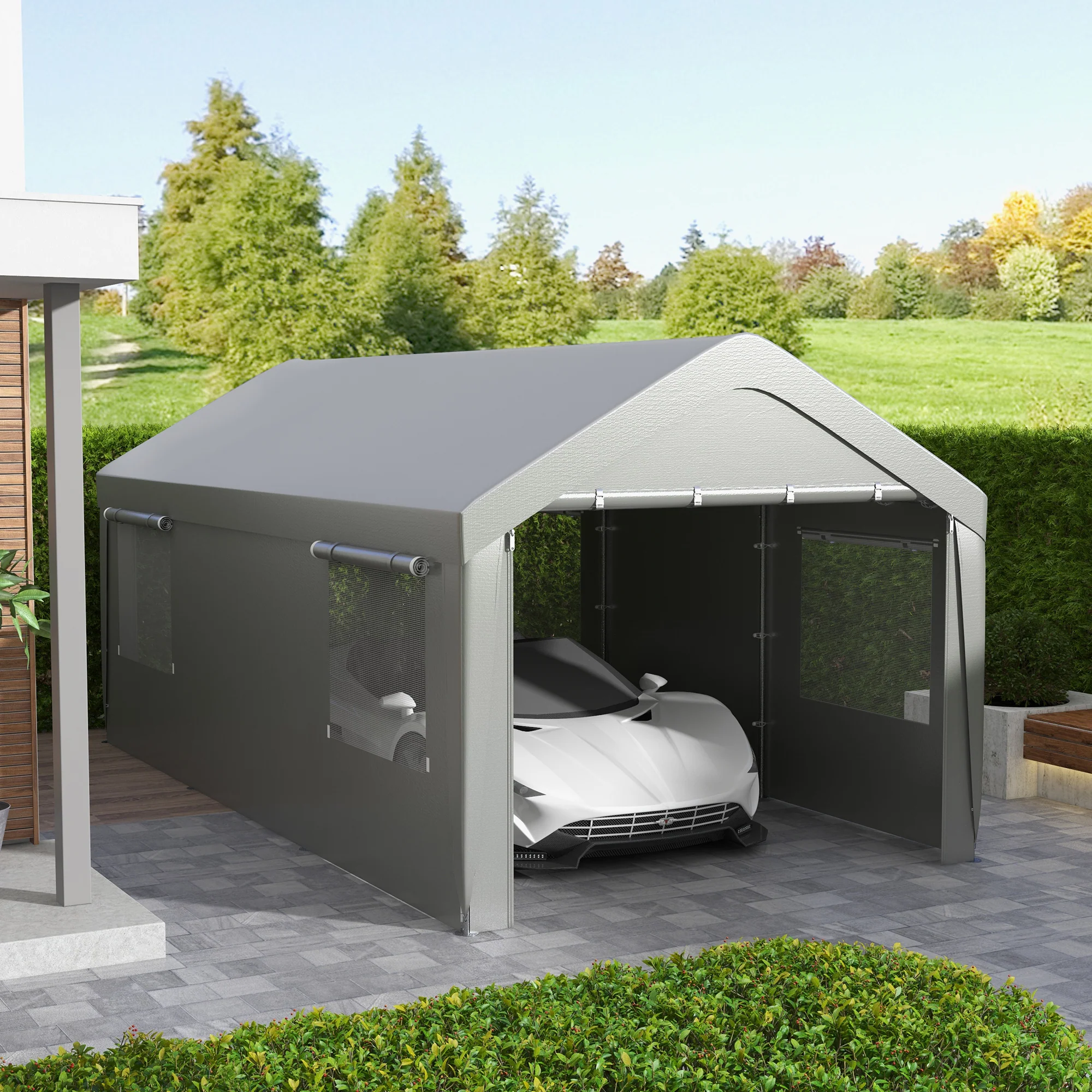 10' x 20' Heavy Duty Portable Garage with 4 Mesh Windows & 2 Doors, Gray - Image 4
