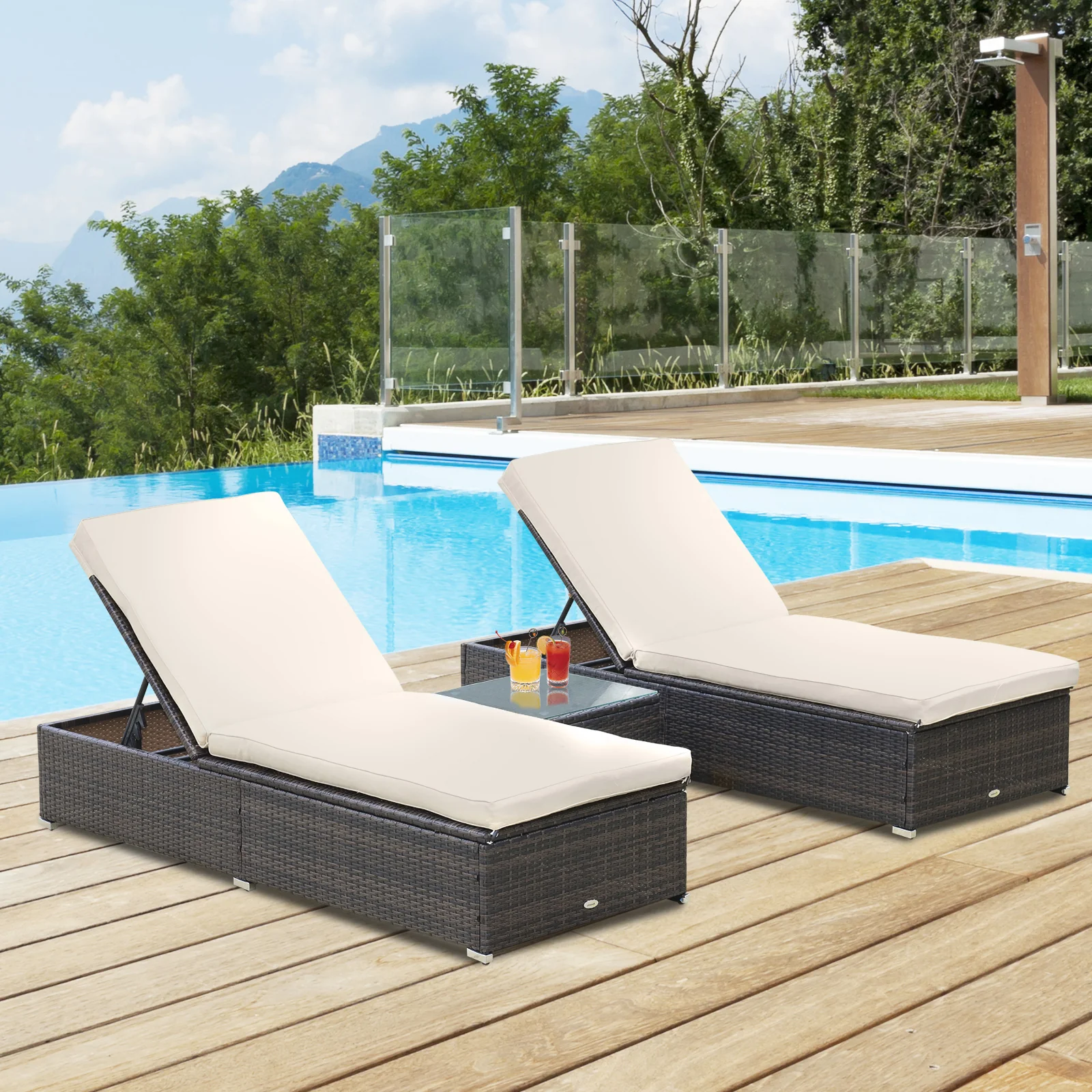 Pool Lounge Chairs Set of 2, w/5 Angle Backrest, Table, Water Repellent Cushions, Beige - Image 4