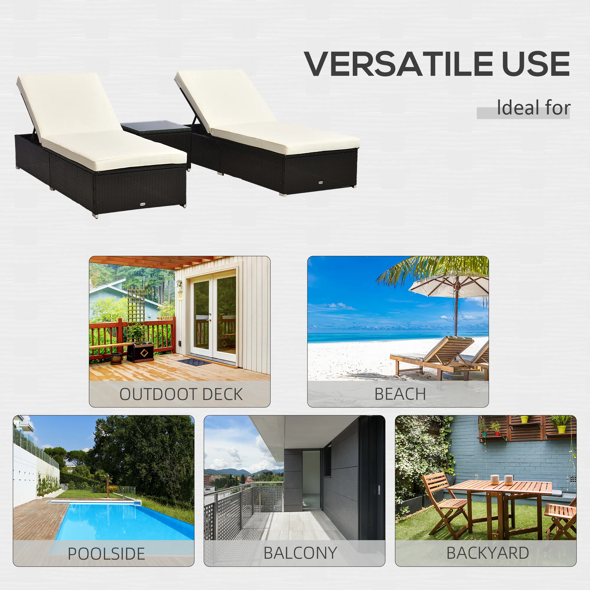 Pool Lounge Chairs Set of 2, w/5 Angle Backrest, Table, Water Repellent Cushions, Cream White - Image 10