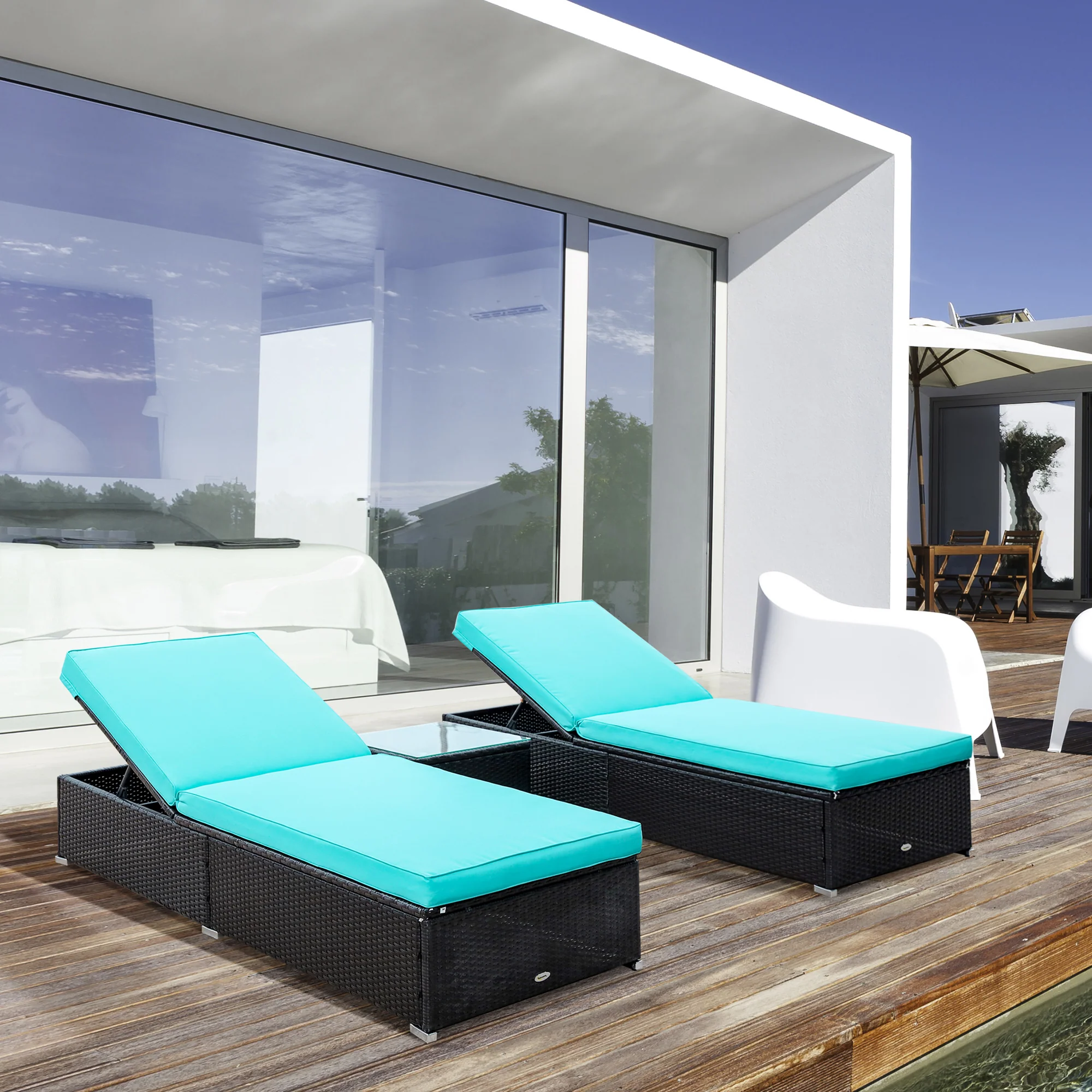 Pool Lounge Chairs Set of 2, w/5 Angle Backrest, Table, Water Repellent Cushions, Turquoise - Image 4