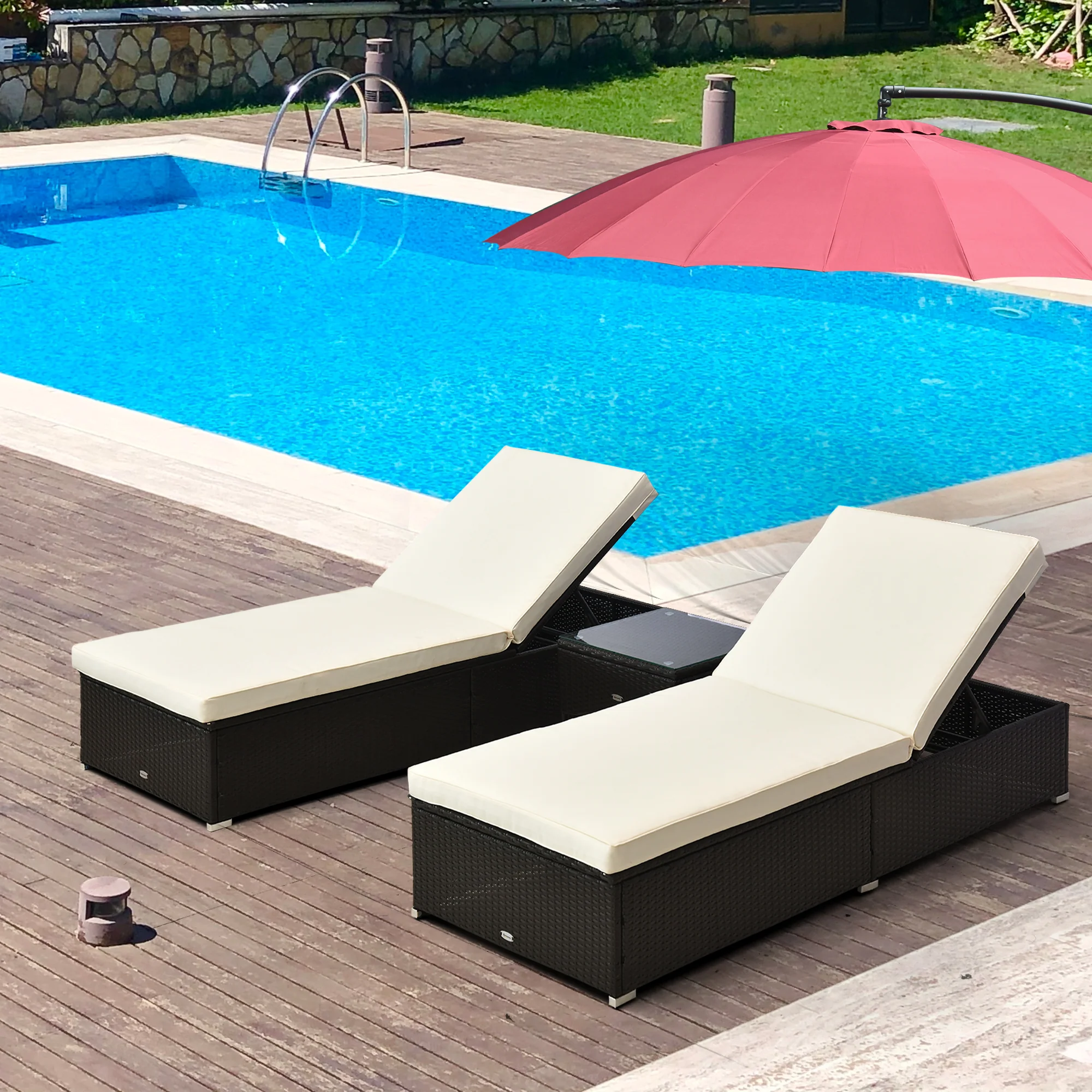 Pool Lounge Chairs Set of 2, w/5 Angle Backrest, Table, Water Repellent Cushions, Cream White - Image 3