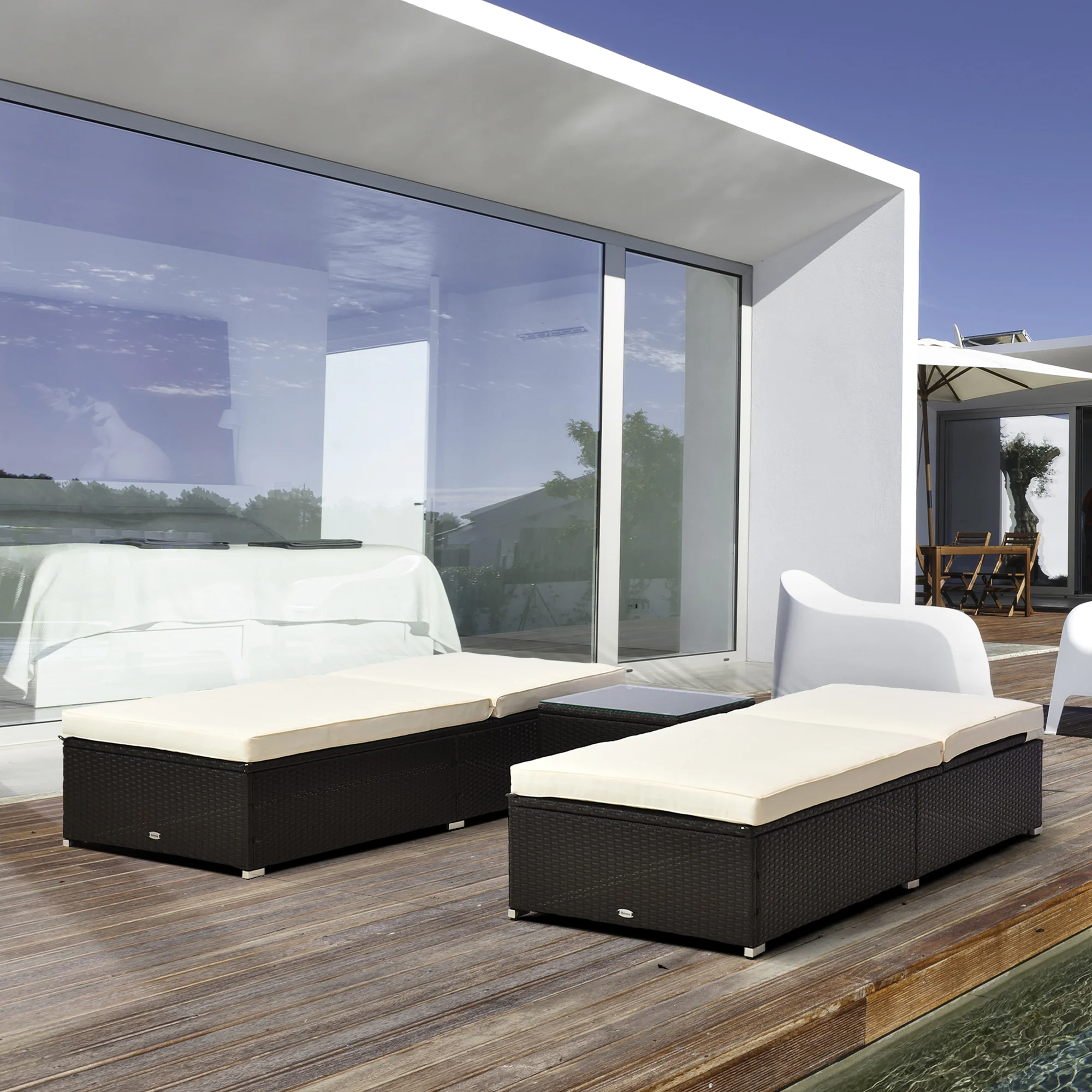 Pool Lounge Chairs Set of 2, w/5 Angle Backrest, Table, Water Repellent Cushions, Cream White - Image 4