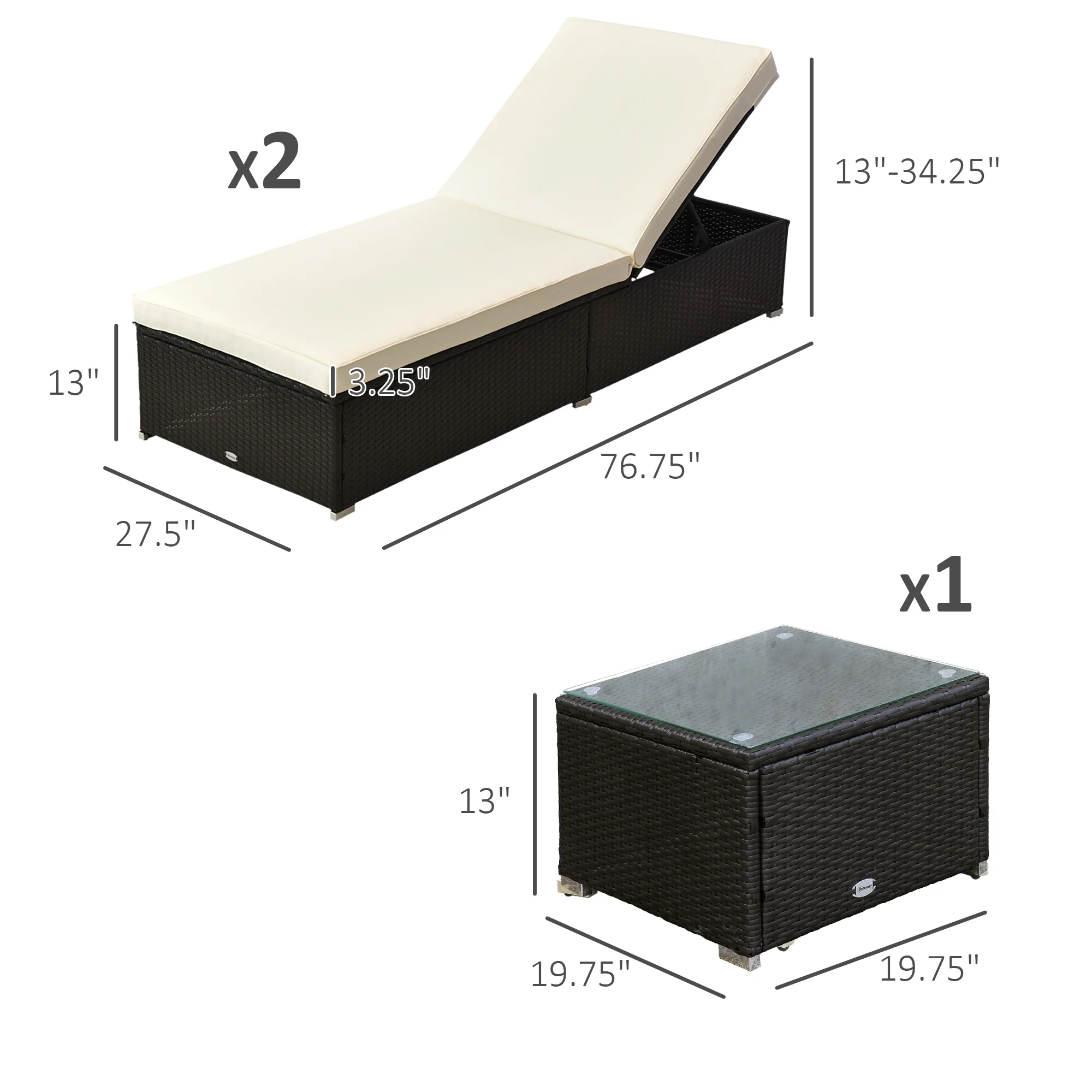 Pool Lounge Chairs Set of 2, w/5 Angle Backrest, Table, Water Repellent Cushions, Cream White - Image 5