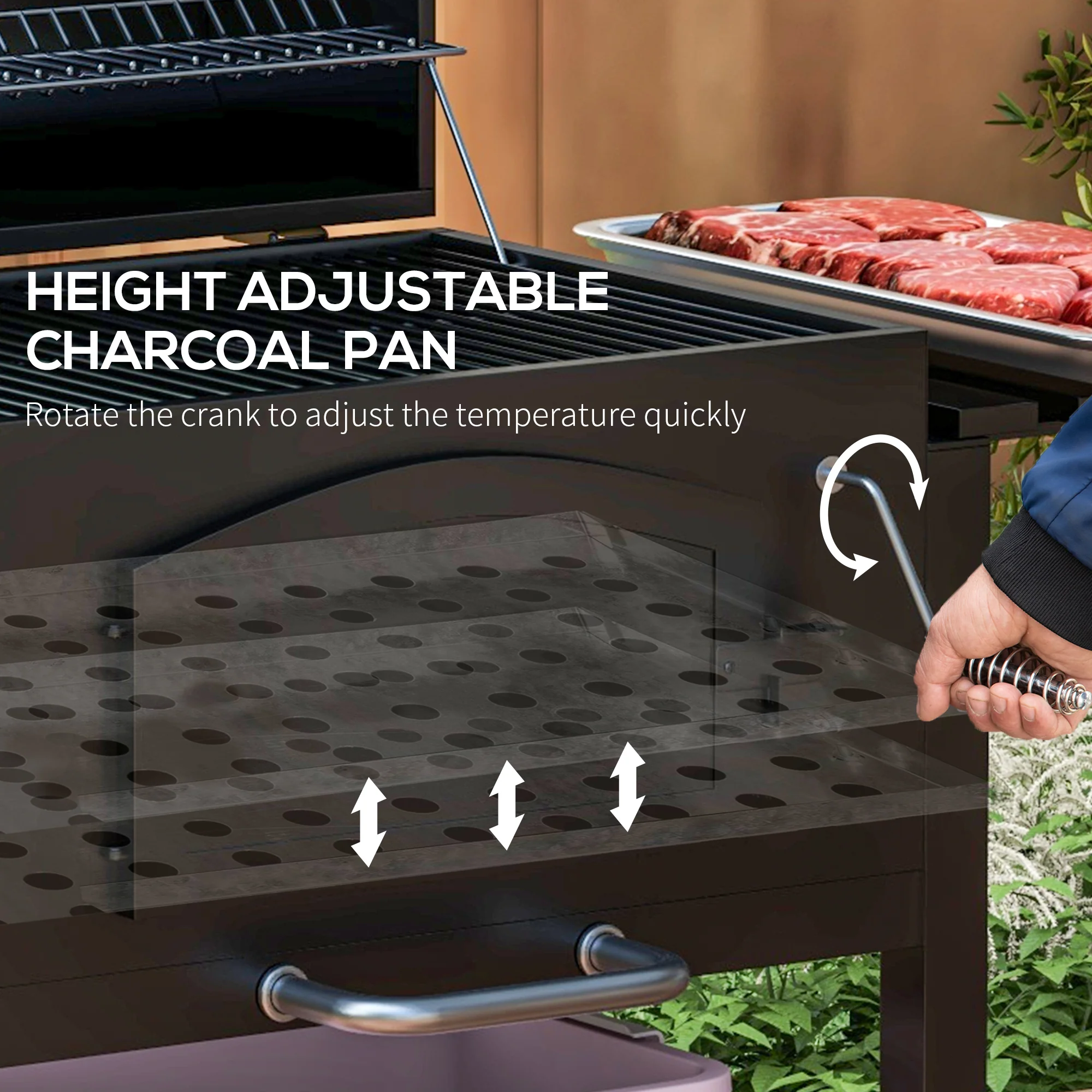 Adjustable Height Charcoal Grill with Foldable Shelves & Wheels, Black - Image 9