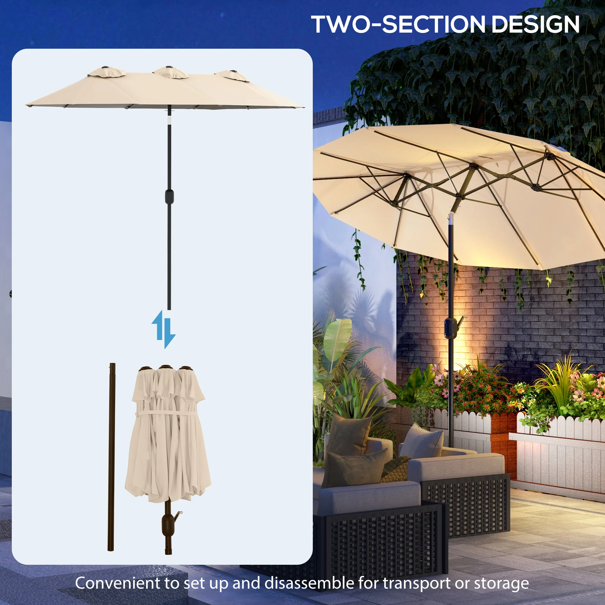 9.5' Double Sided Outdoor Market Umbrella with Push Button Tilt & Crank, 3 Air Vents, Brown - Image 10