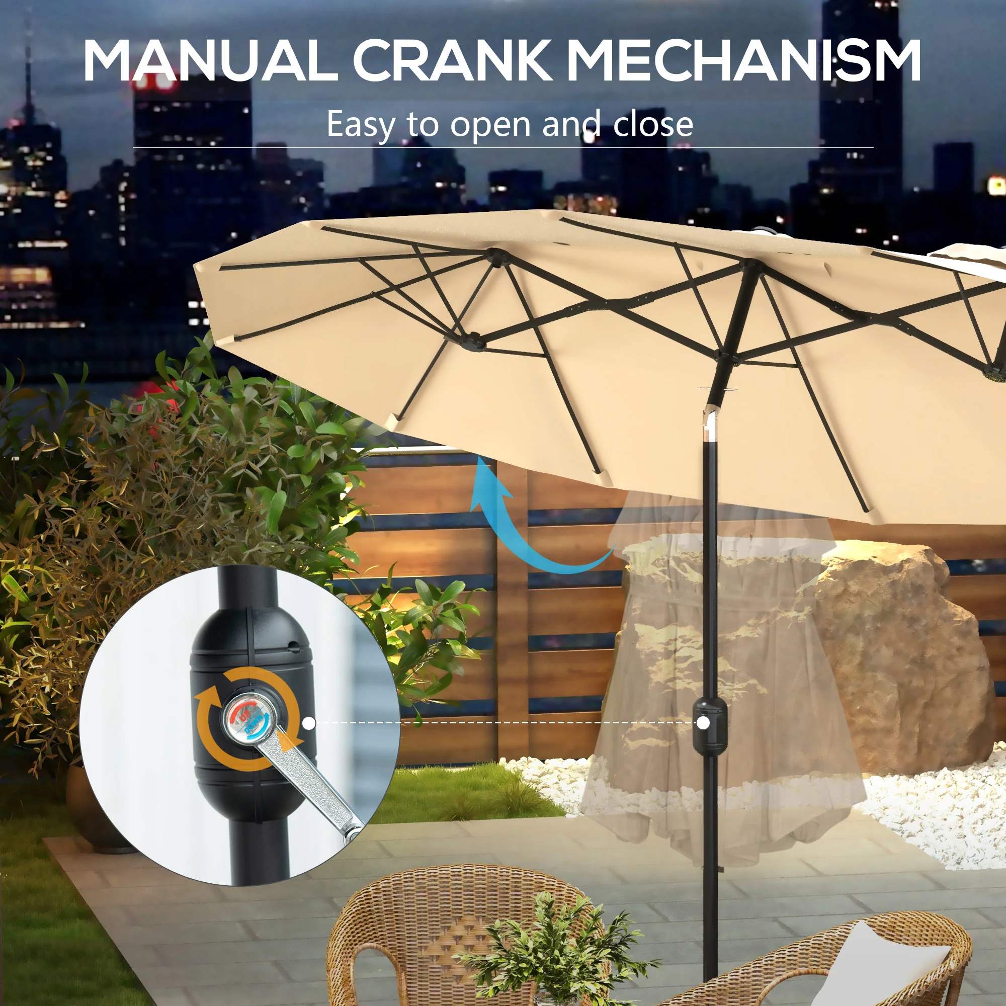 9.5' Double Sided Outdoor Market Umbrella with Push Button Tilt & Crank, 3 Air Vents, Brown - Image 8