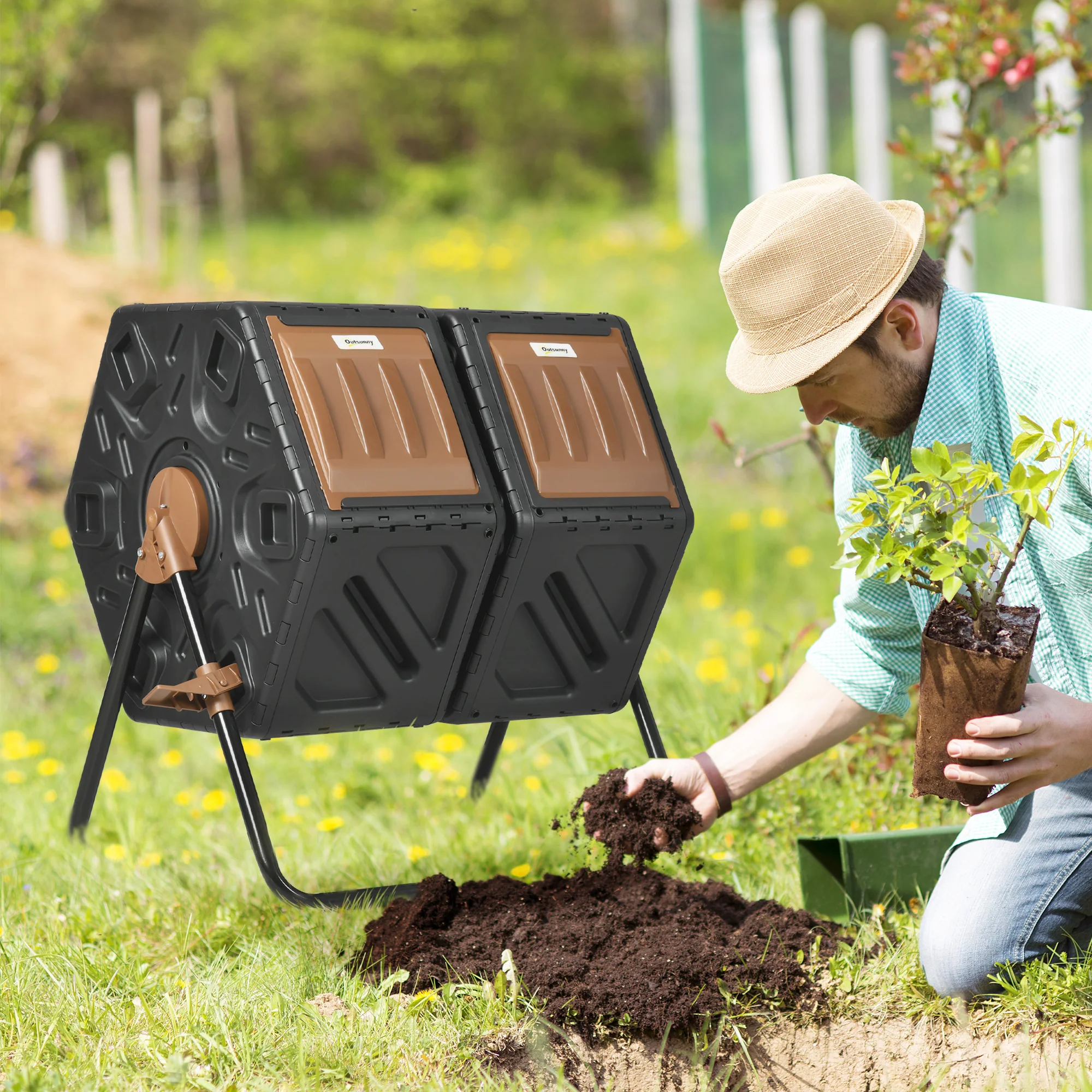 34.5 Gallon Dual Chamber Rotating Compost Bin, Tumbling Composter with Ventilation System, Brown - Image 3