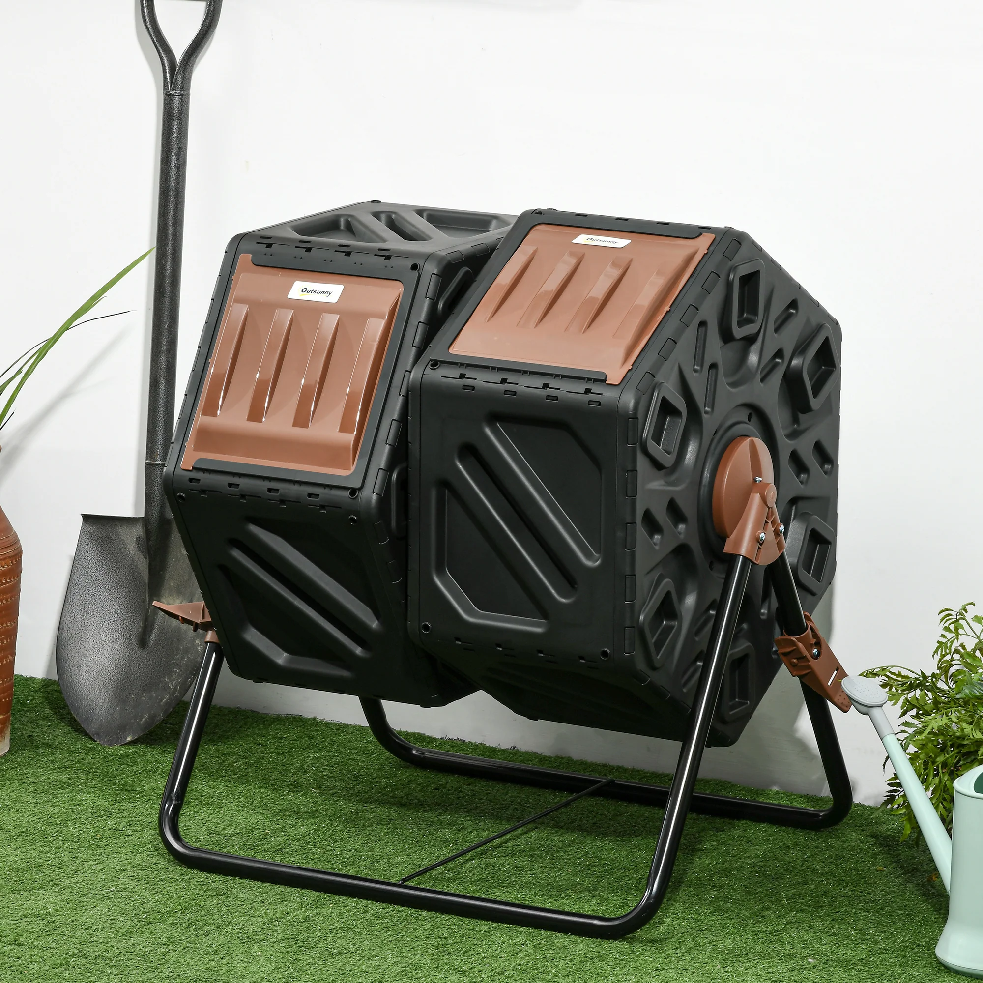 34.5 Gallon Dual Chamber Rotating Compost Bin, Tumbling Composter with Ventilation System, Brown - Image 4