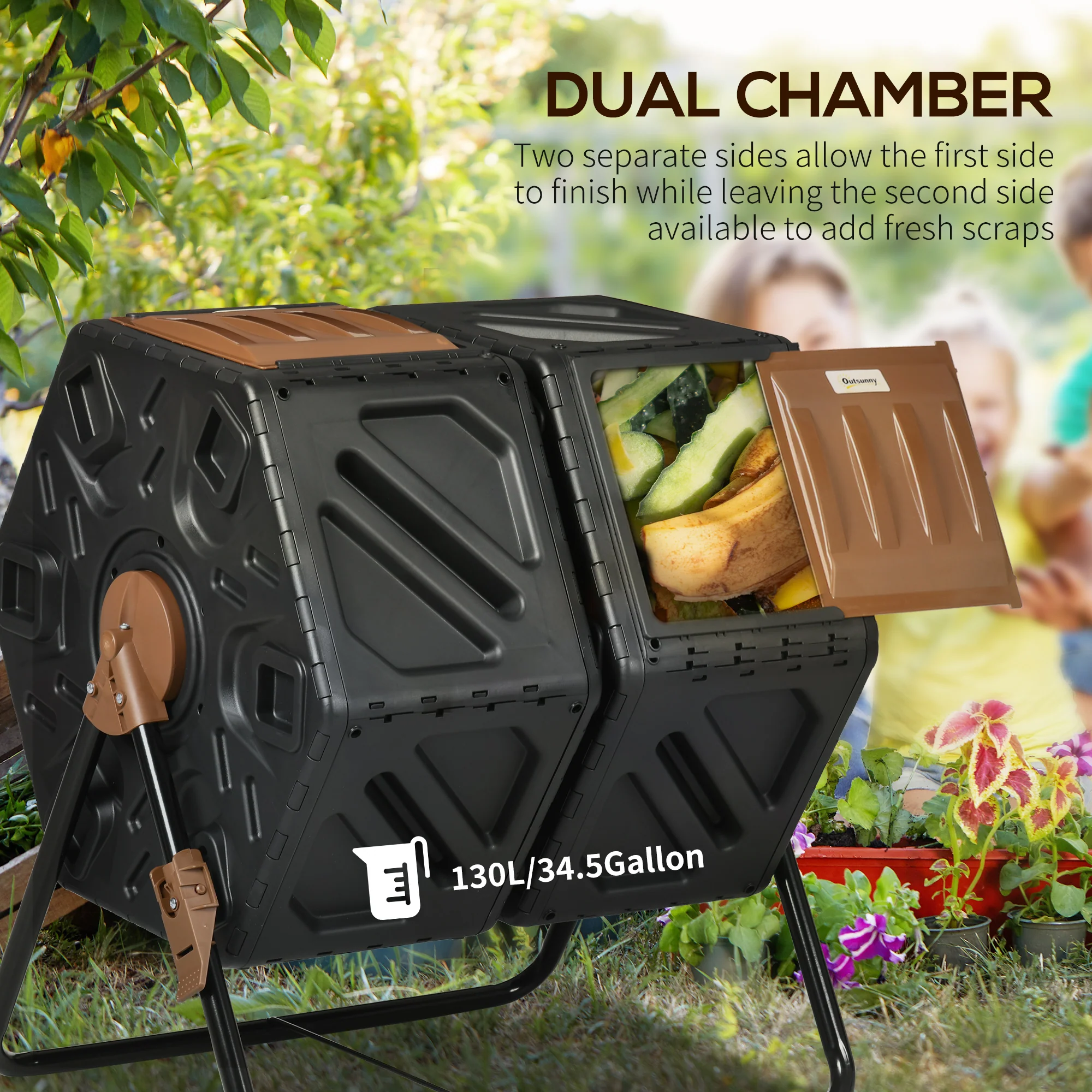 34.5 Gallon Dual Chamber Rotating Compost Bin, Tumbling Composter with Ventilation System, Brown - Image 6