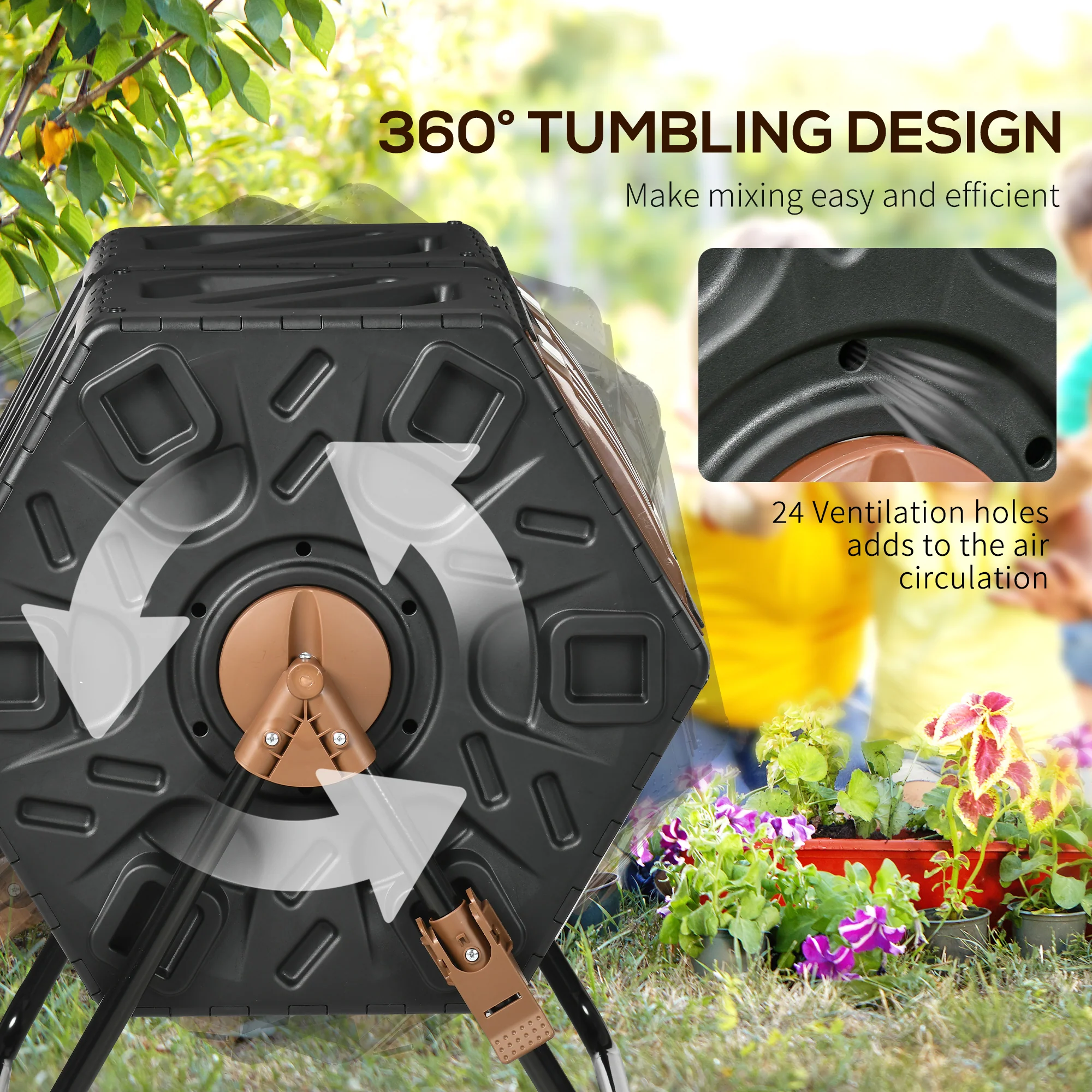 34.5 Gallon Dual Chamber Rotating Compost Bin, Tumbling Composter with Ventilation System, Brown - Image 7