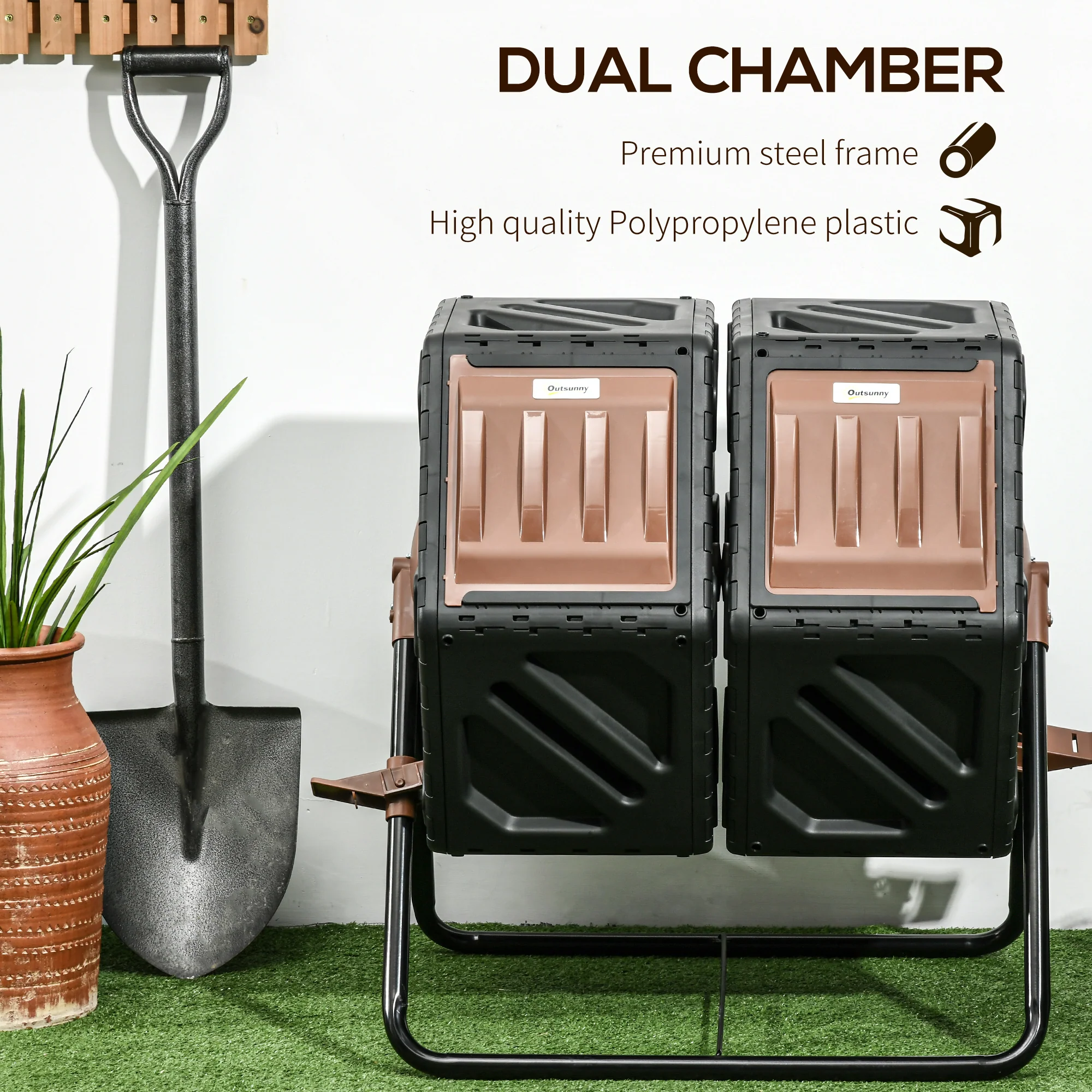 34.5 Gallon Dual Chamber Rotating Compost Bin, Tumbling Composter with Ventilation System, Brown - Image 9