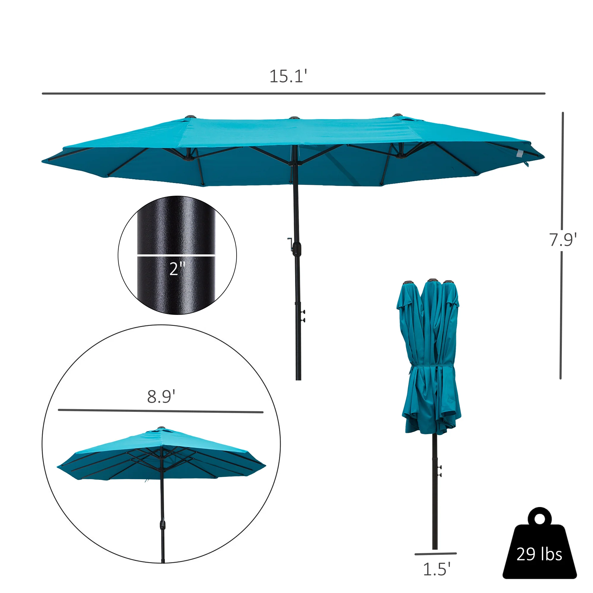 15' Double-Sided Patio Umbrella with Crank Handle, Air Vents, Blue - Image 5