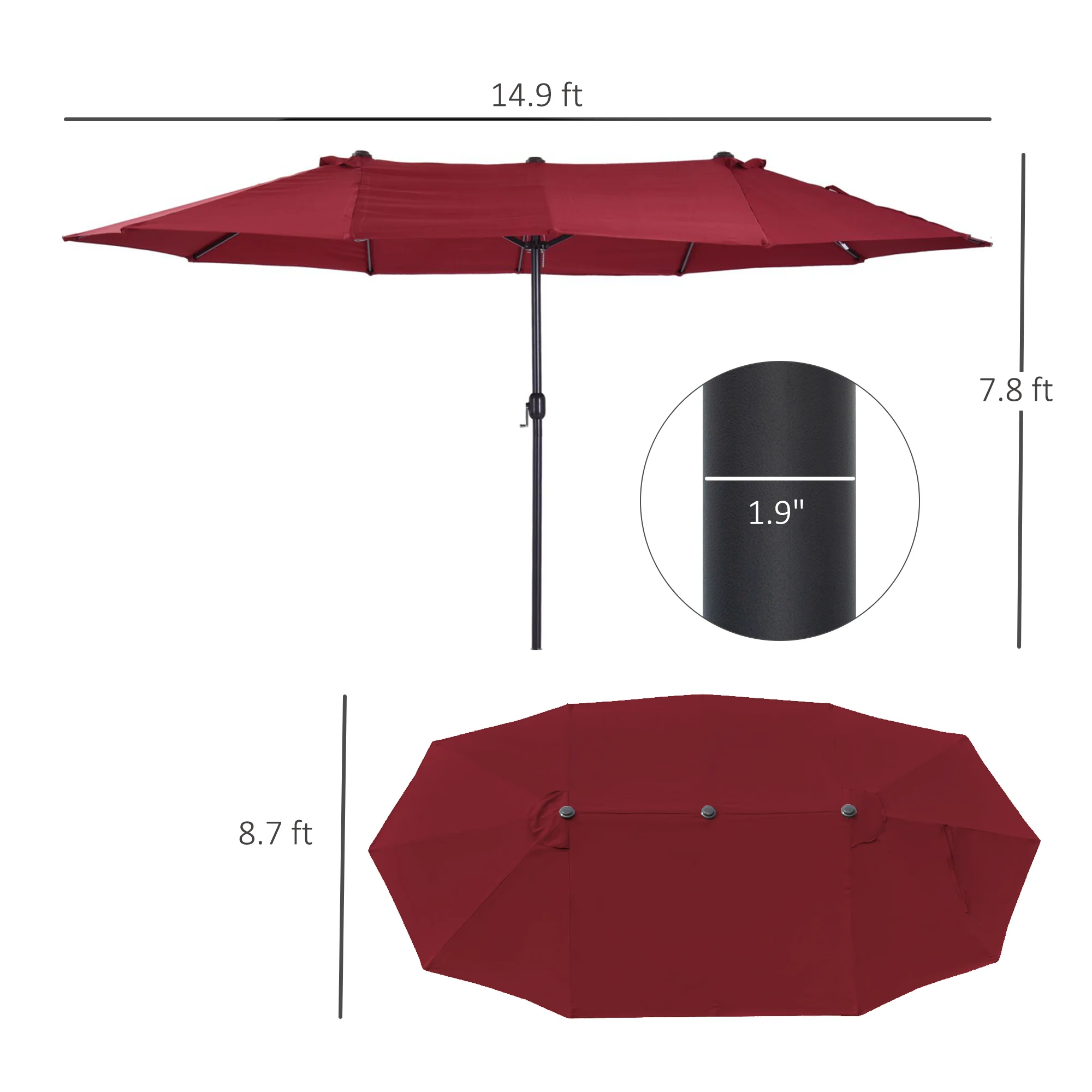 15' Double-Sided Patio Umbrella with Crank Handle, Air Vents, Wine Red - Image 5