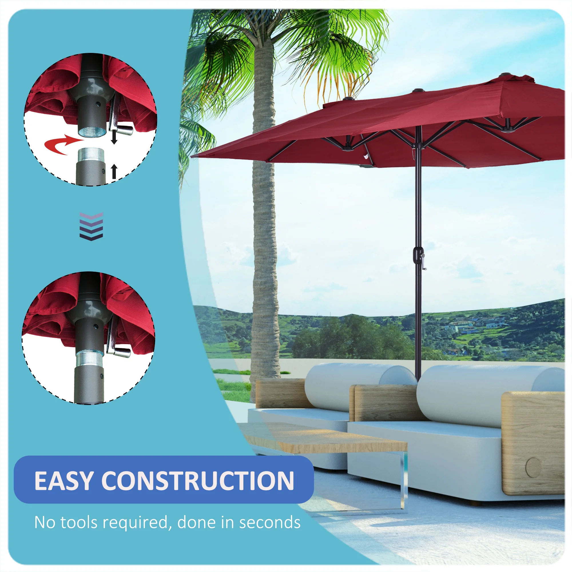 15' Double-Sided Patio Umbrella with Crank Handle, Air Vents, Wine Red - Image 6