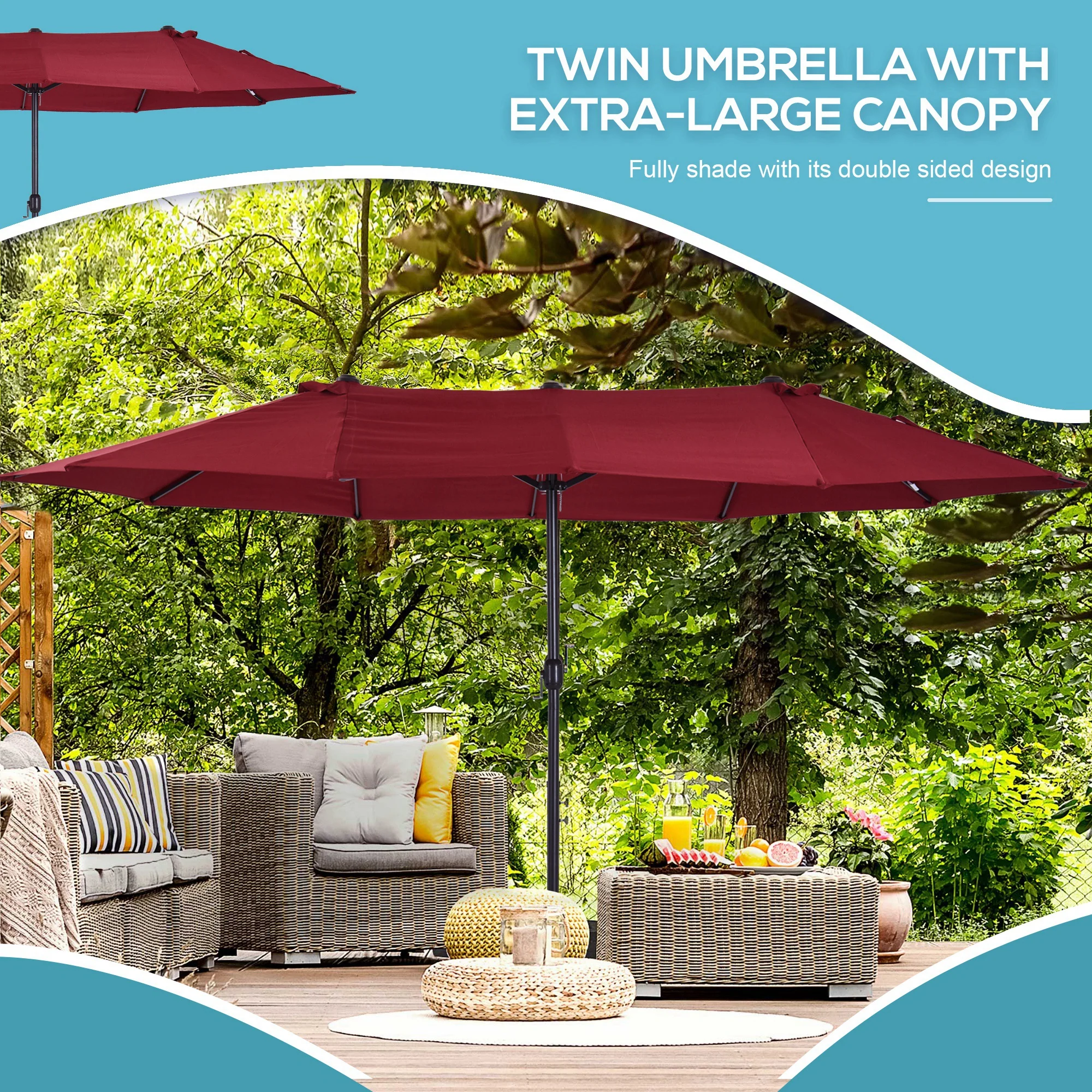 15' Double-Sided Patio Umbrella with Crank Handle, Air Vents, Wine Red - Image 7