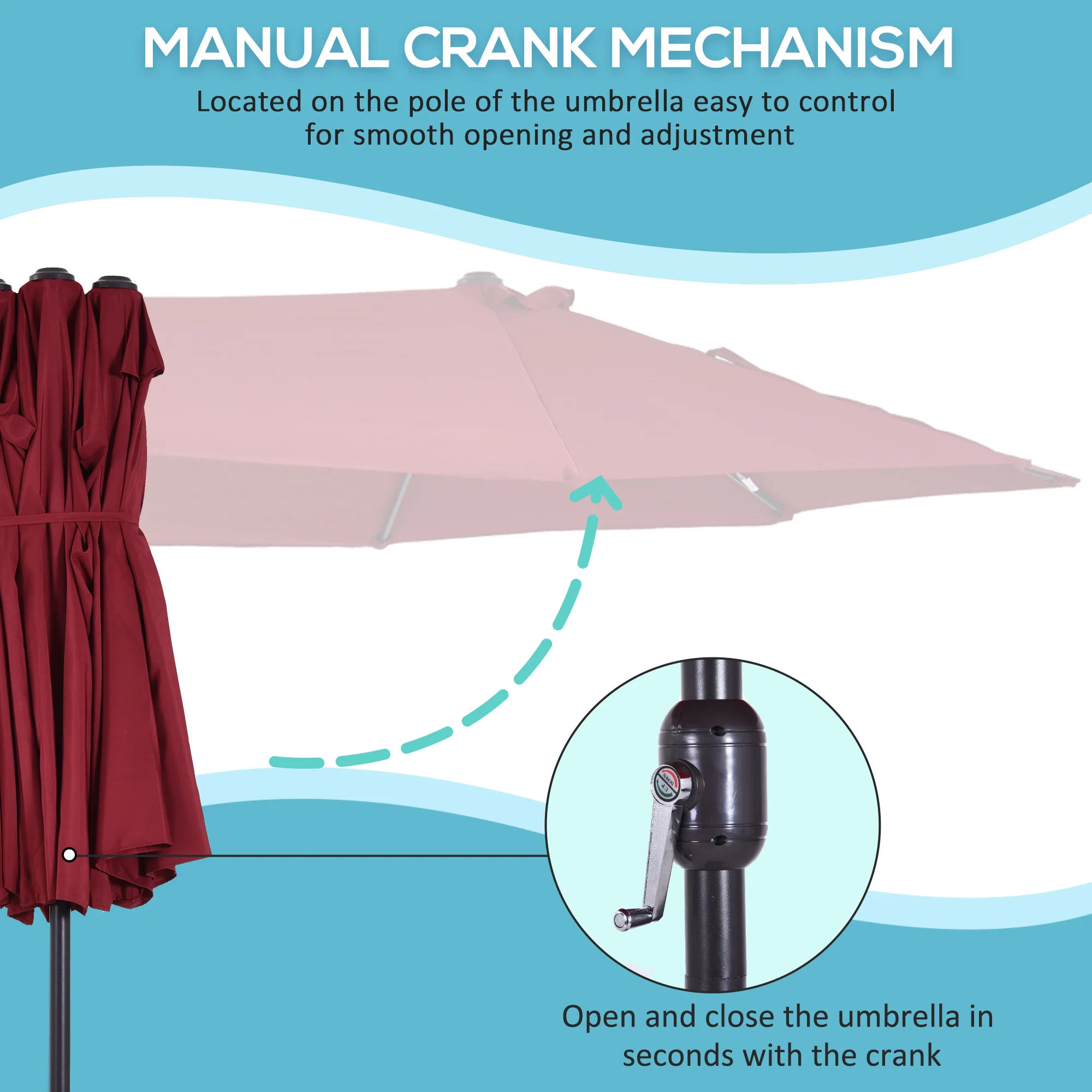 15' Double-Sided Patio Umbrella with Crank Handle, Air Vents, Wine Red - Image 8