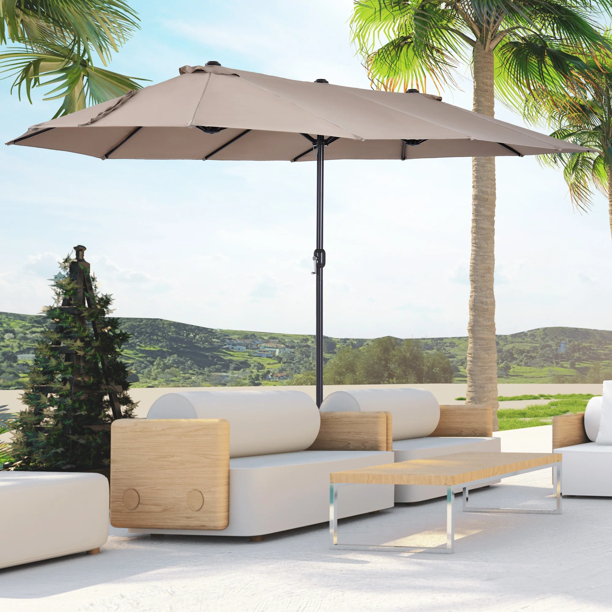 15' Double-Sided Patio Umbrella with Crank Handle, Air Vents, Tan - Image 3