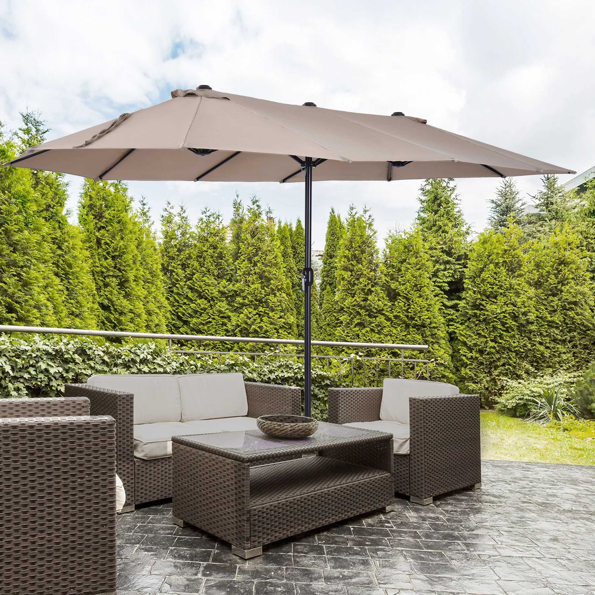 15' Double-Sided Patio Umbrella with Crank Handle, Air Vents, Tan - Image 4
