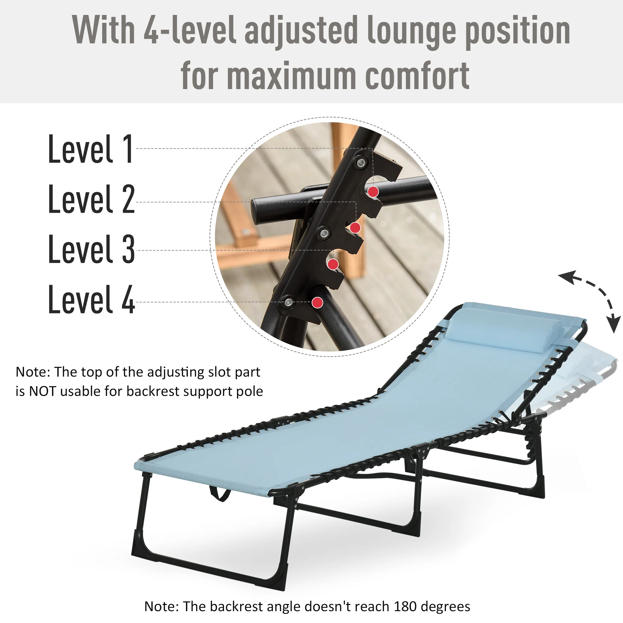 Folding Chaise Lounge Chair with 4-Position Recline, Breathable Mesh & Bungee Seat, Baby Blue - Image 6