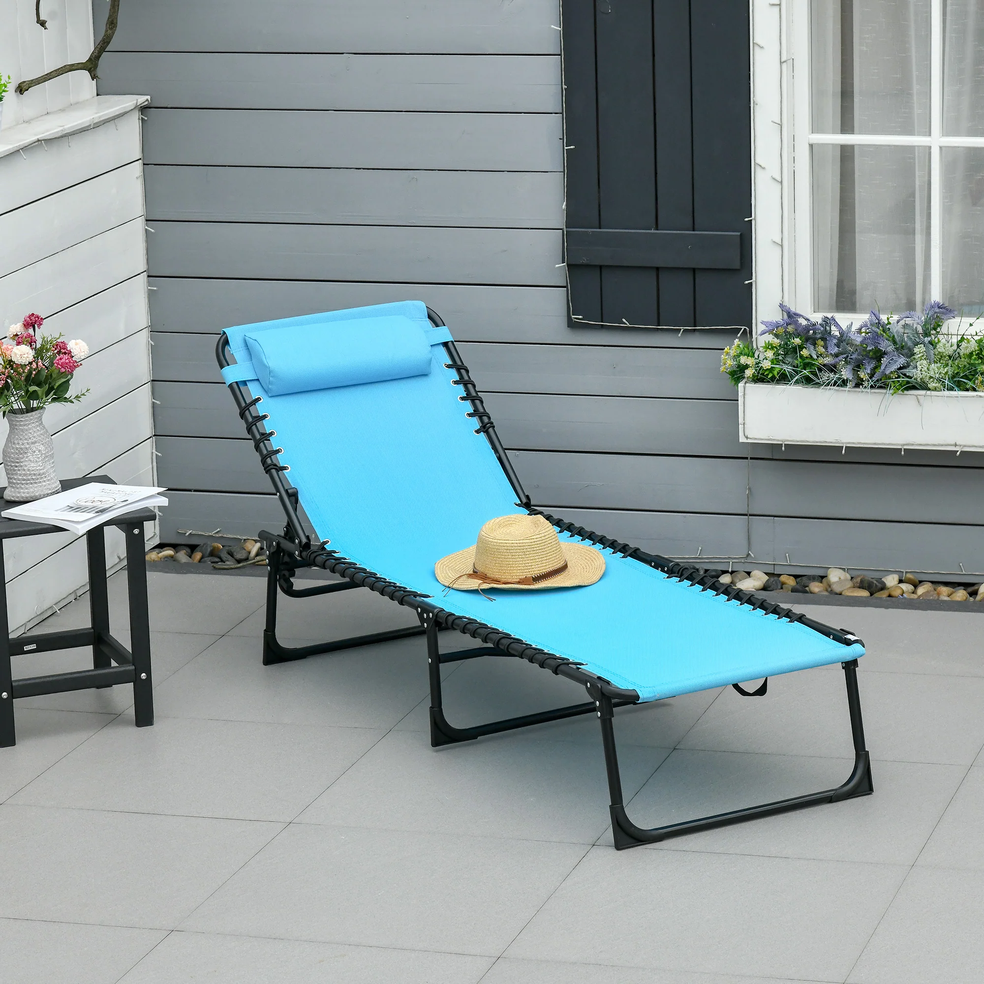 Folding Chaise Lounge Chair with 4-Position Recline, Breathable Mesh & Bungee Seat, Blue - Image 3