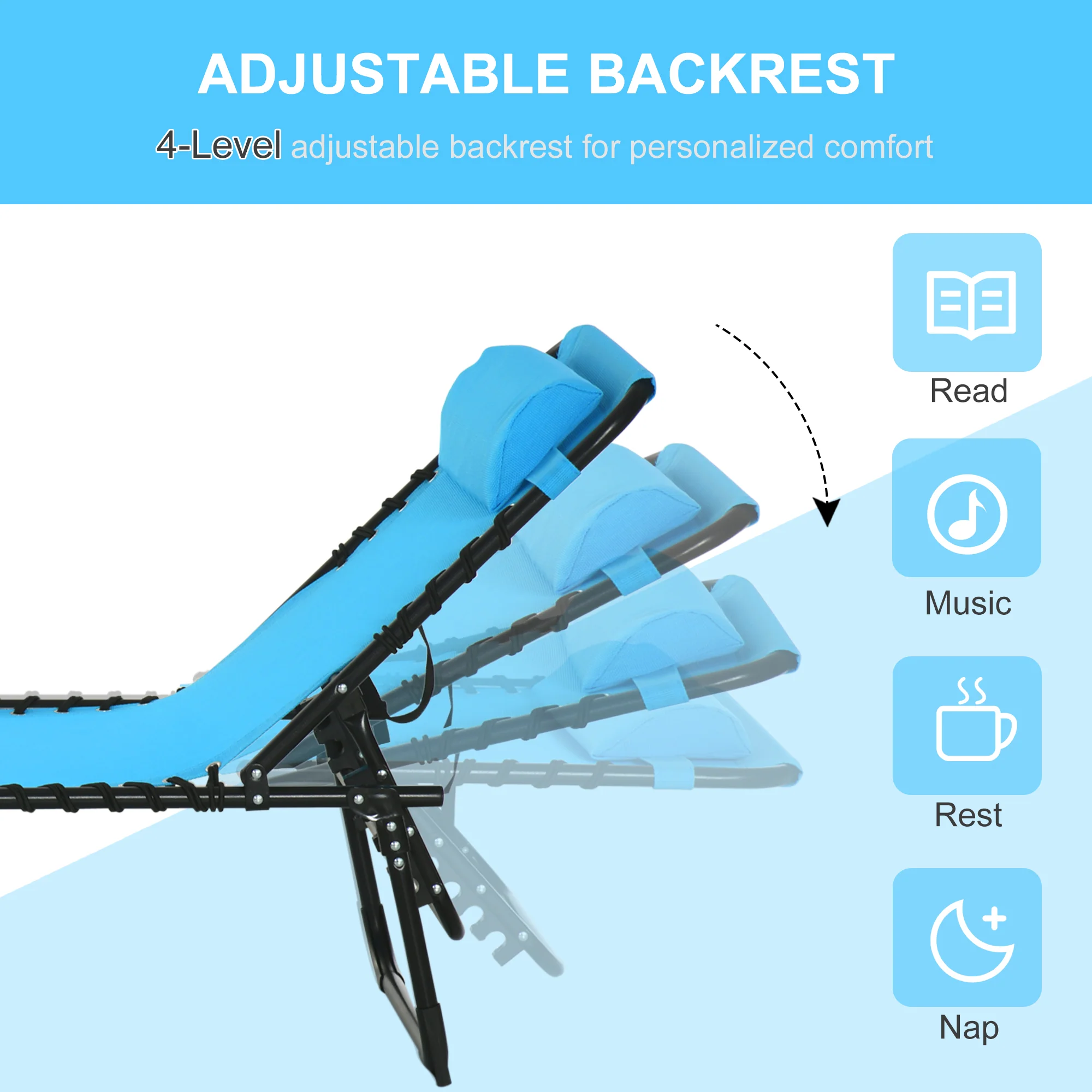 Folding Chaise Lounge Chair with 4-Position Recline, Breathable Mesh & Bungee Seat, Blue - Image 6