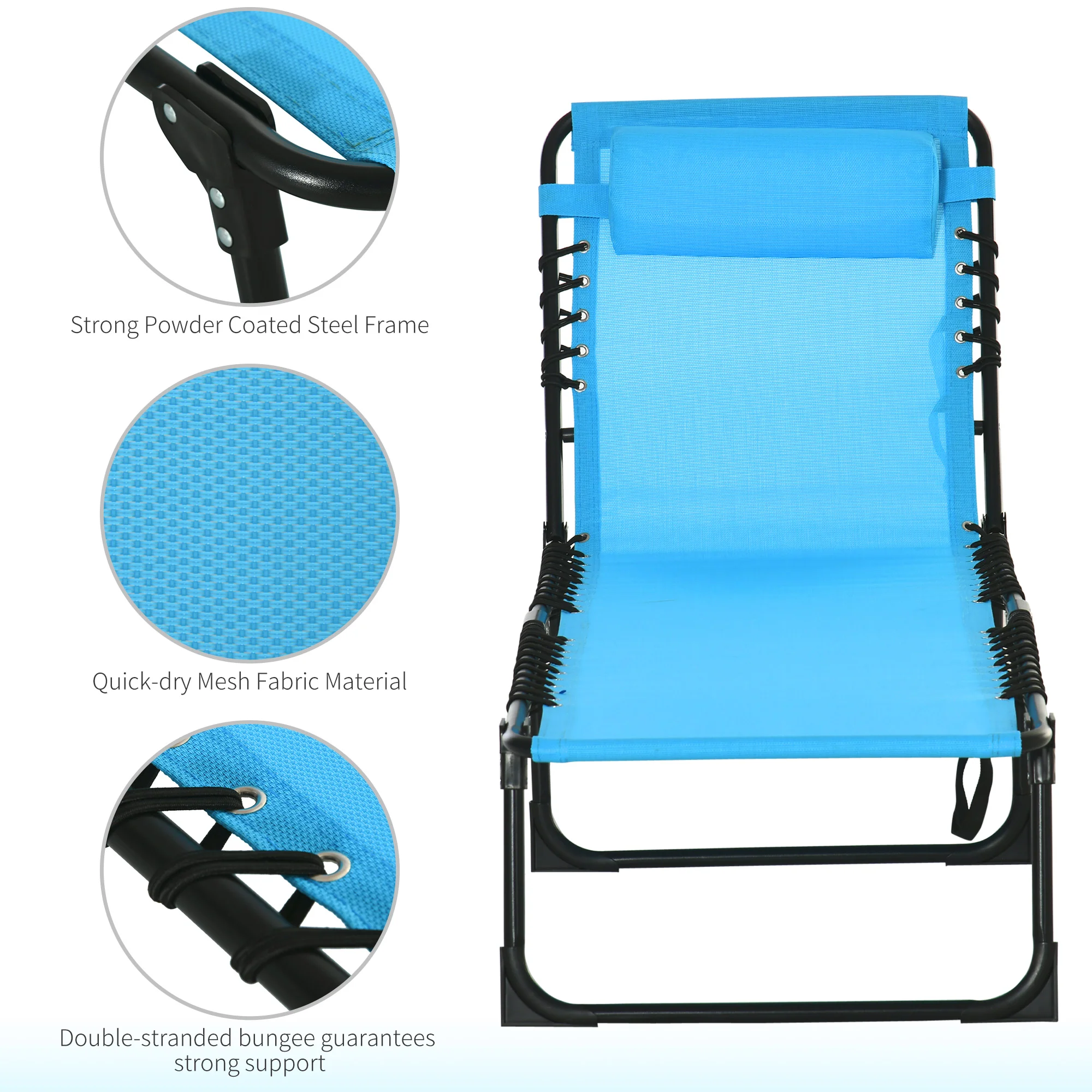 Folding Chaise Lounge Chair with 4-Position Recline, Breathable Mesh & Bungee Seat, Blue - Image 7