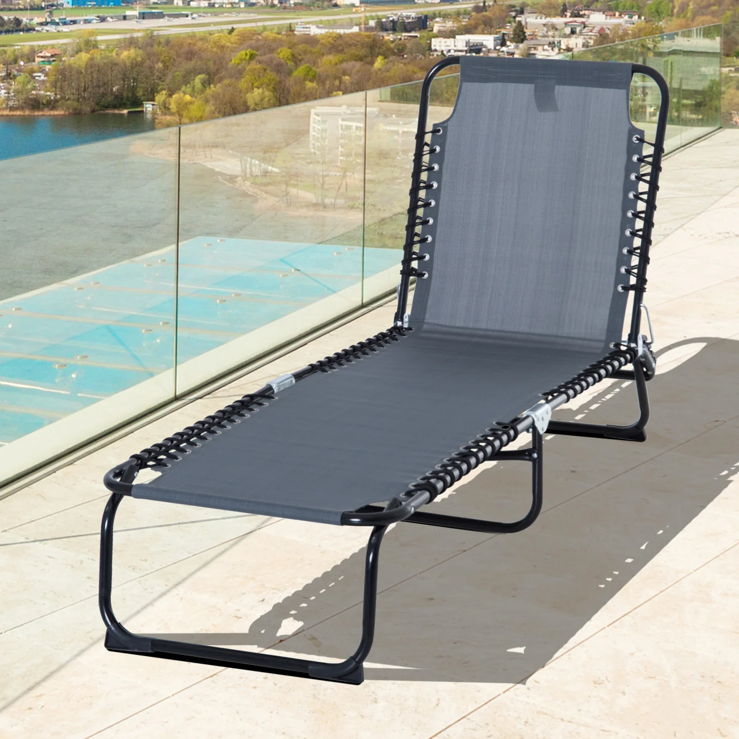 Folding Chaise Lounge Chair with 4-Position Recline, Breathable Mesh & Bungee Seat, Gray - Image 11