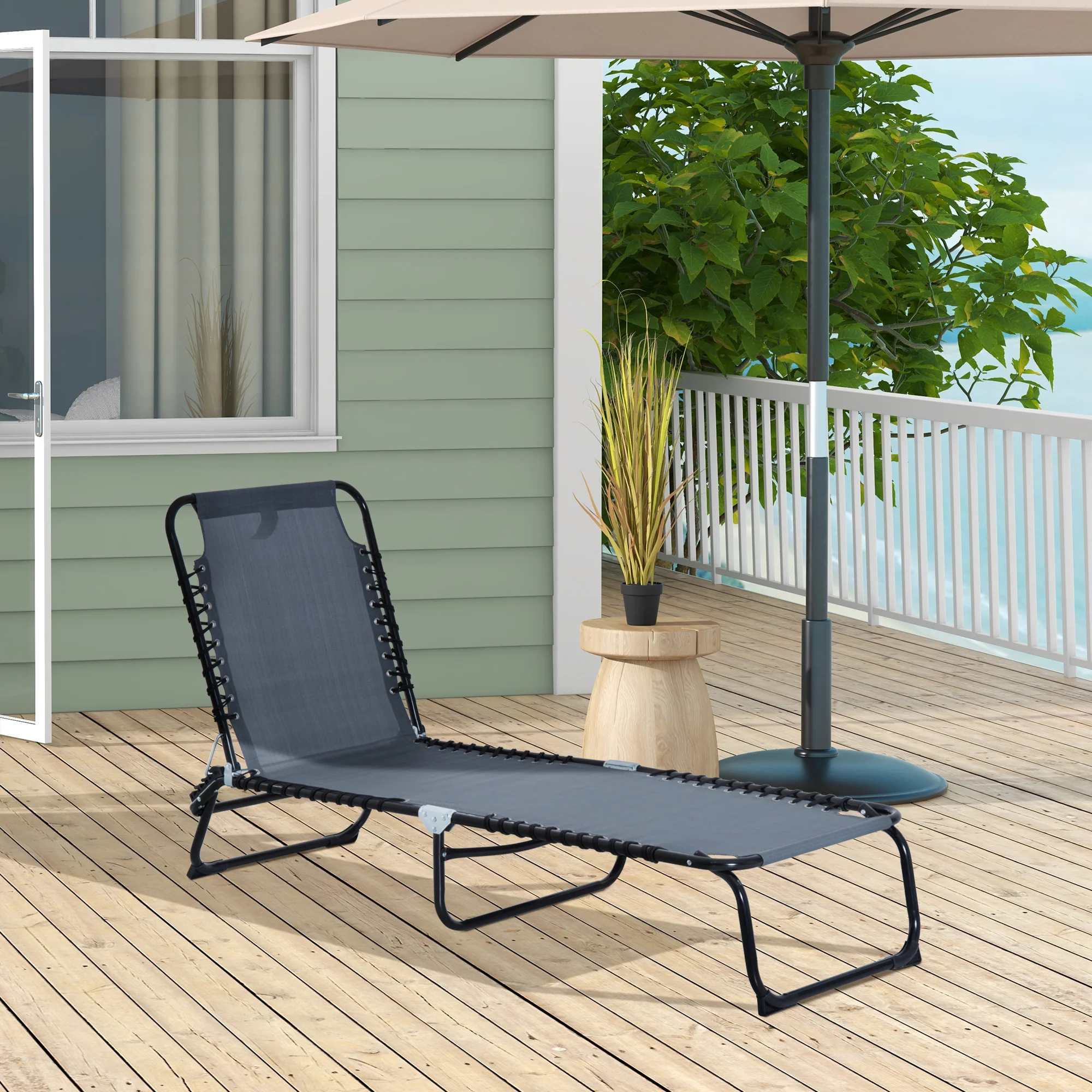 Folding Chaise Lounge Chair with 4-Position Recline, Breathable Mesh & Bungee Seat, Gray - Image 3