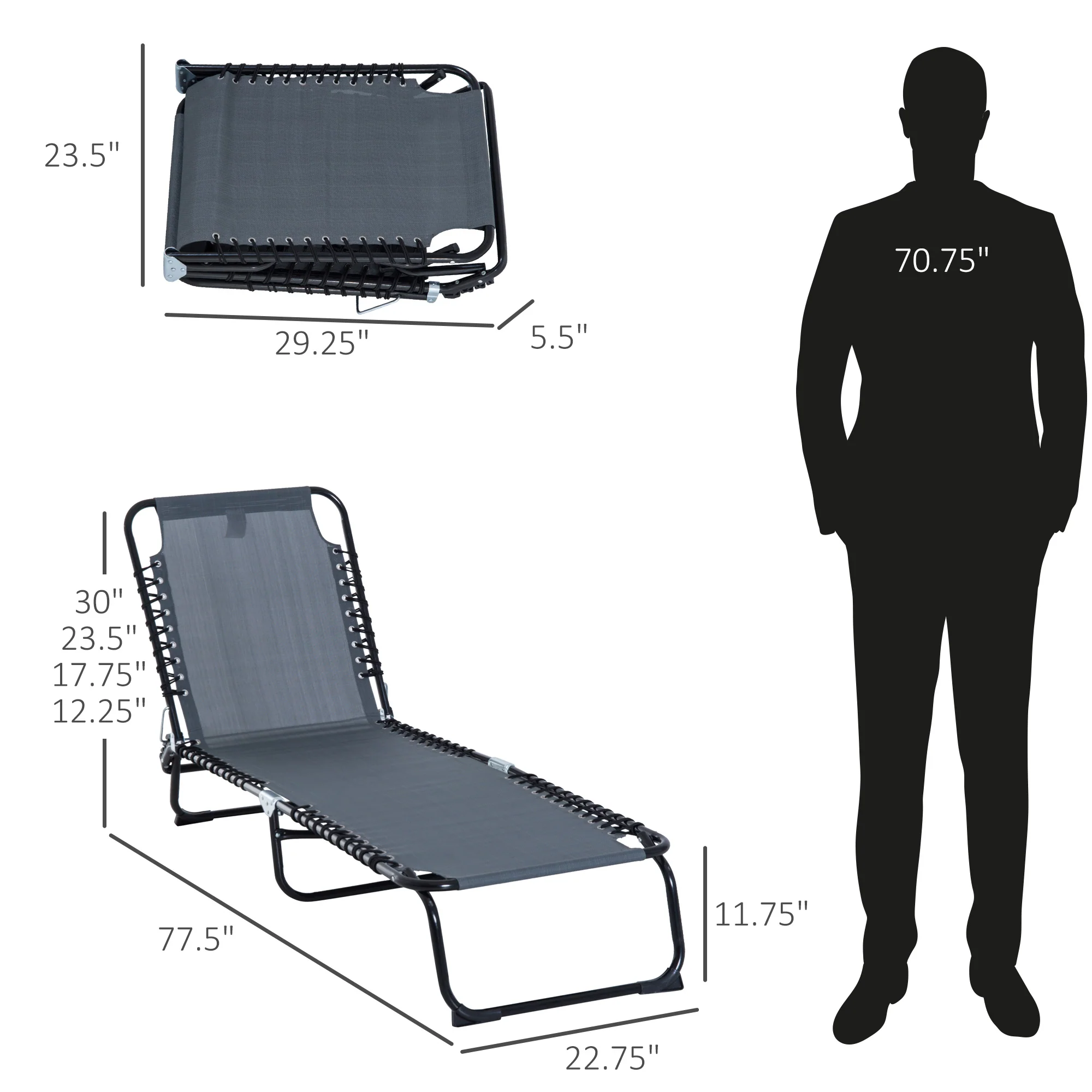 Folding Chaise Lounge Chair with 4-Position Recline, Breathable Mesh & Bungee Seat, Gray - Image 5