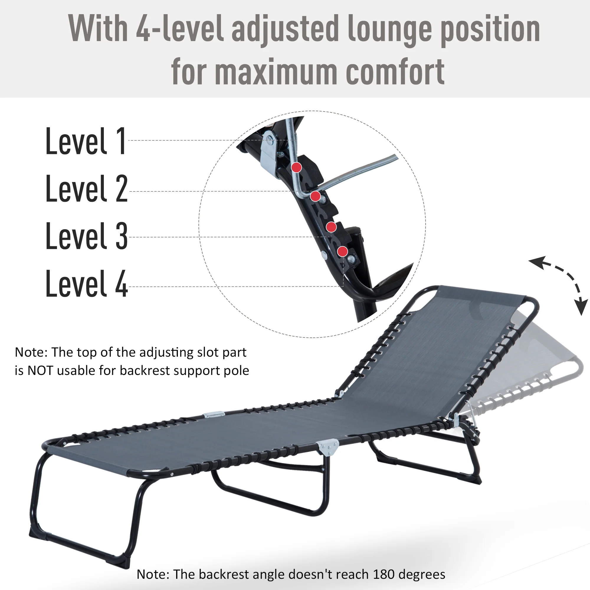 Folding Chaise Lounge Chair with 4-Position Recline, Breathable Mesh & Bungee Seat, Gray - Image 6